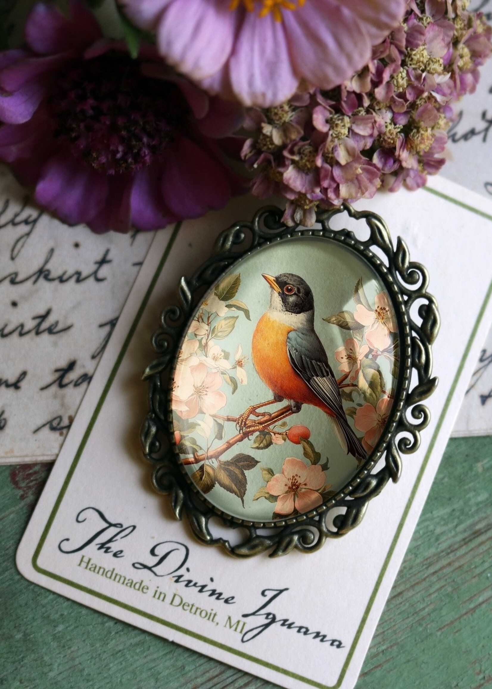 The Divine Iguana Vintage Robin Oval Bird Glass Cabochon Brooch