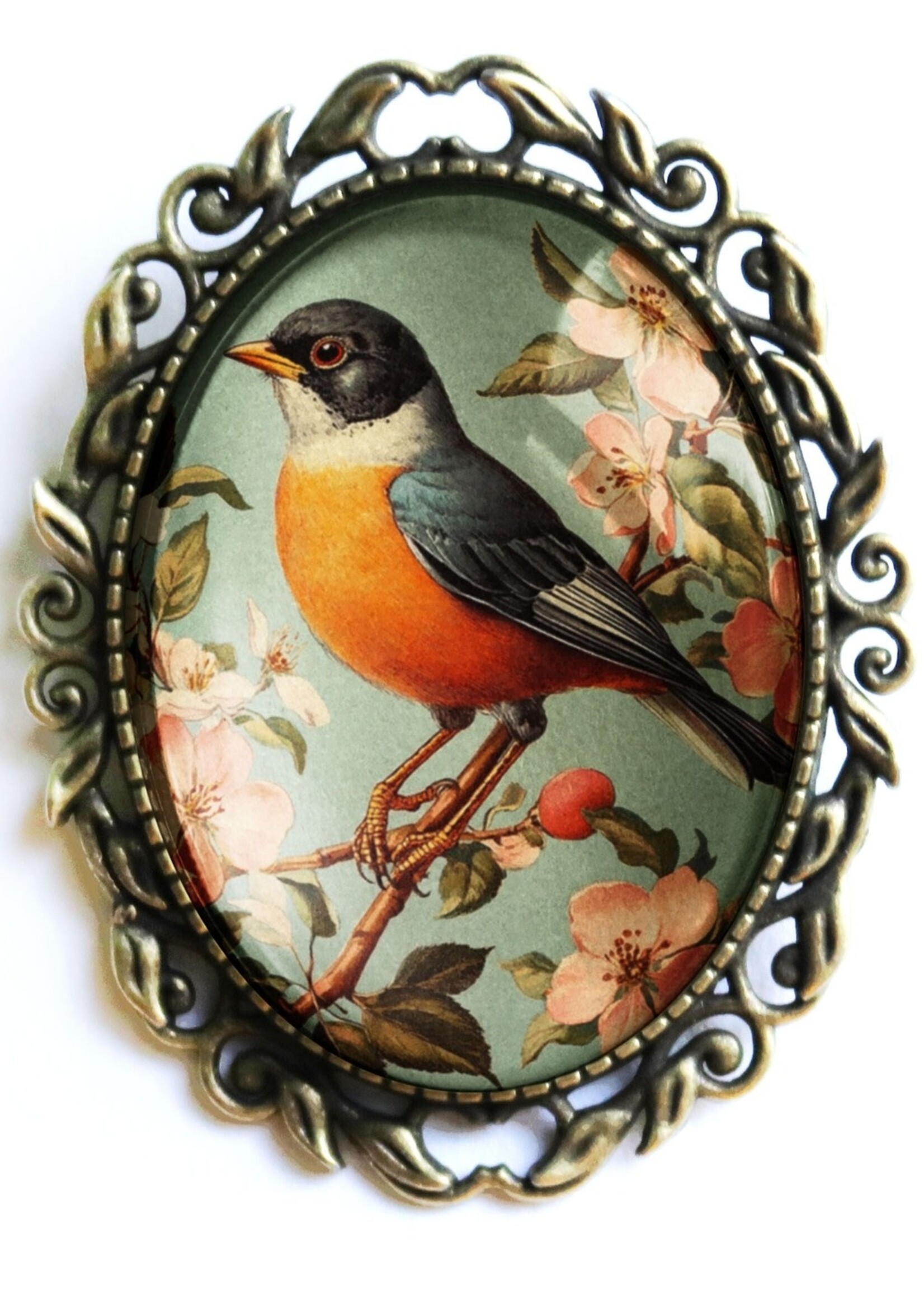 The Divine Iguana Vintage Robin Oval Bird Glass Cabochon Brooch