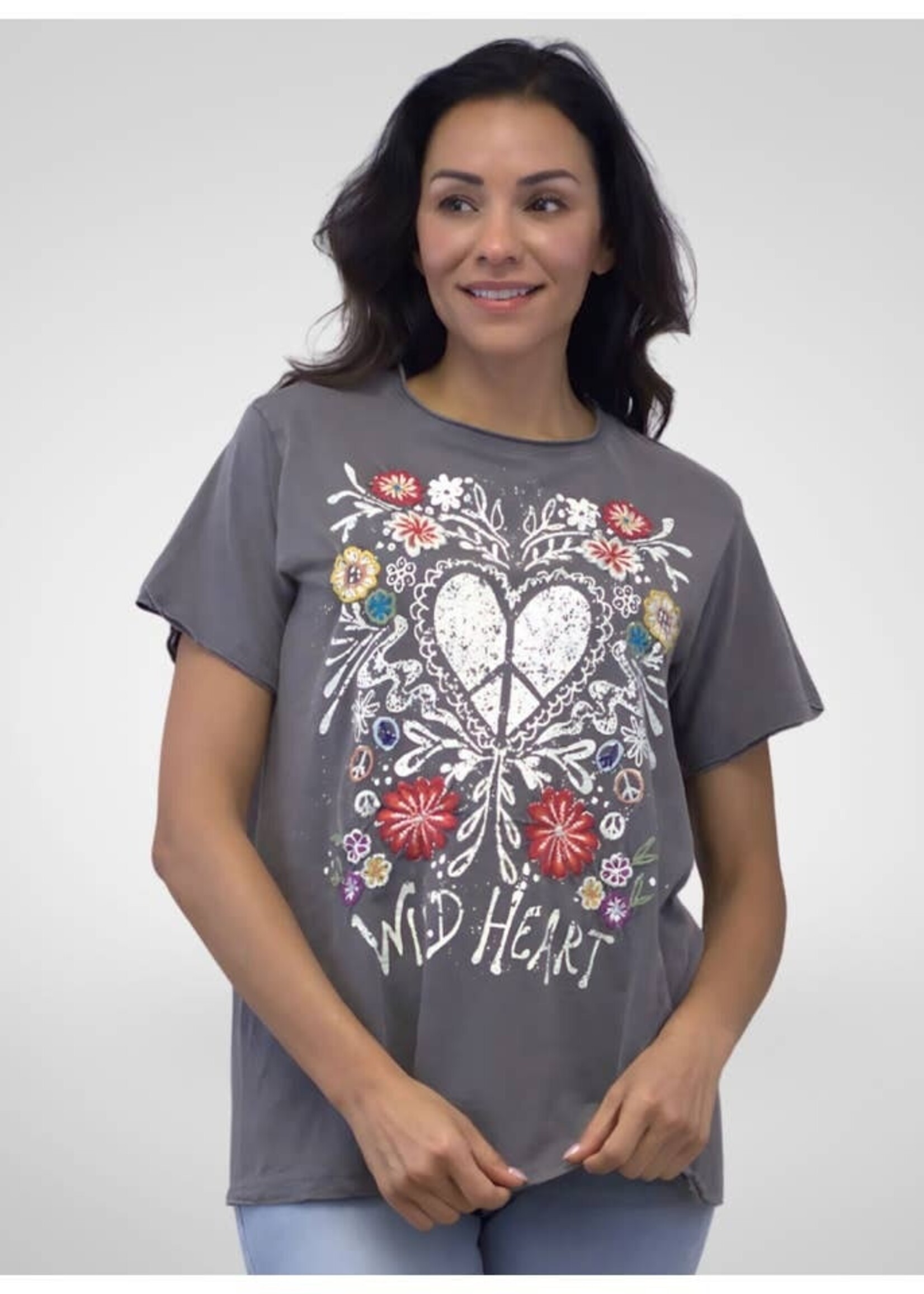 Caite & Kyla Samara Embroidered Wild Heart T Shirt Dark Grey
