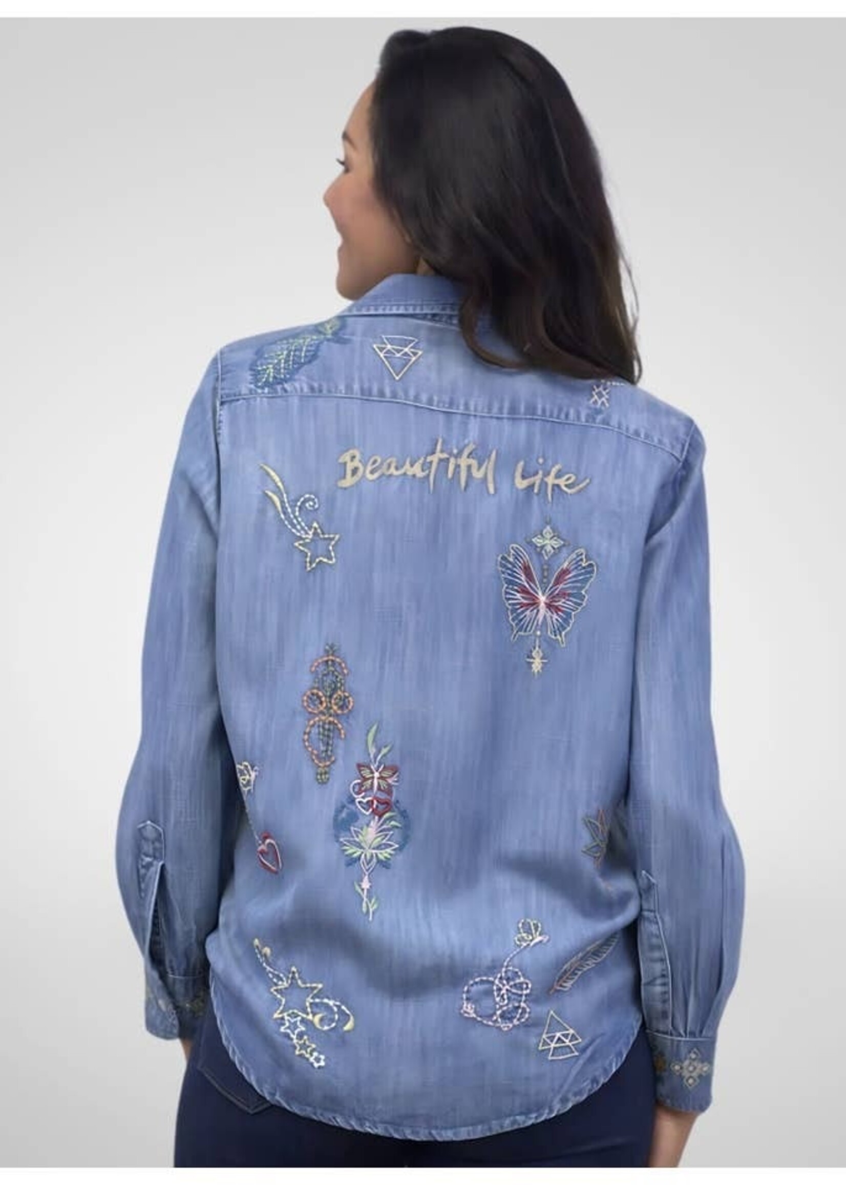 Caite & Kyla Adira Embroidered Denim-Look Tencel Button-Up