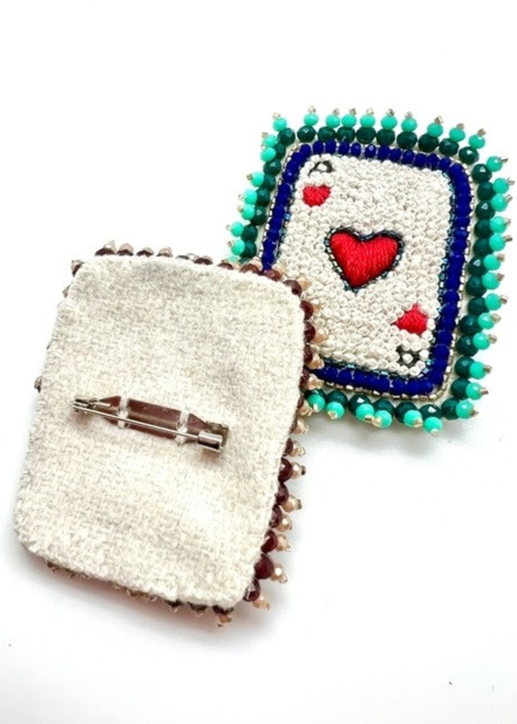 Ace of Hearts Card Beaded Brooch