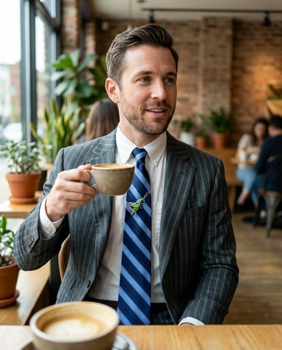 Man wearing a diagonal stripe tie with the Trovelore Two-Striped Grasshopper pin