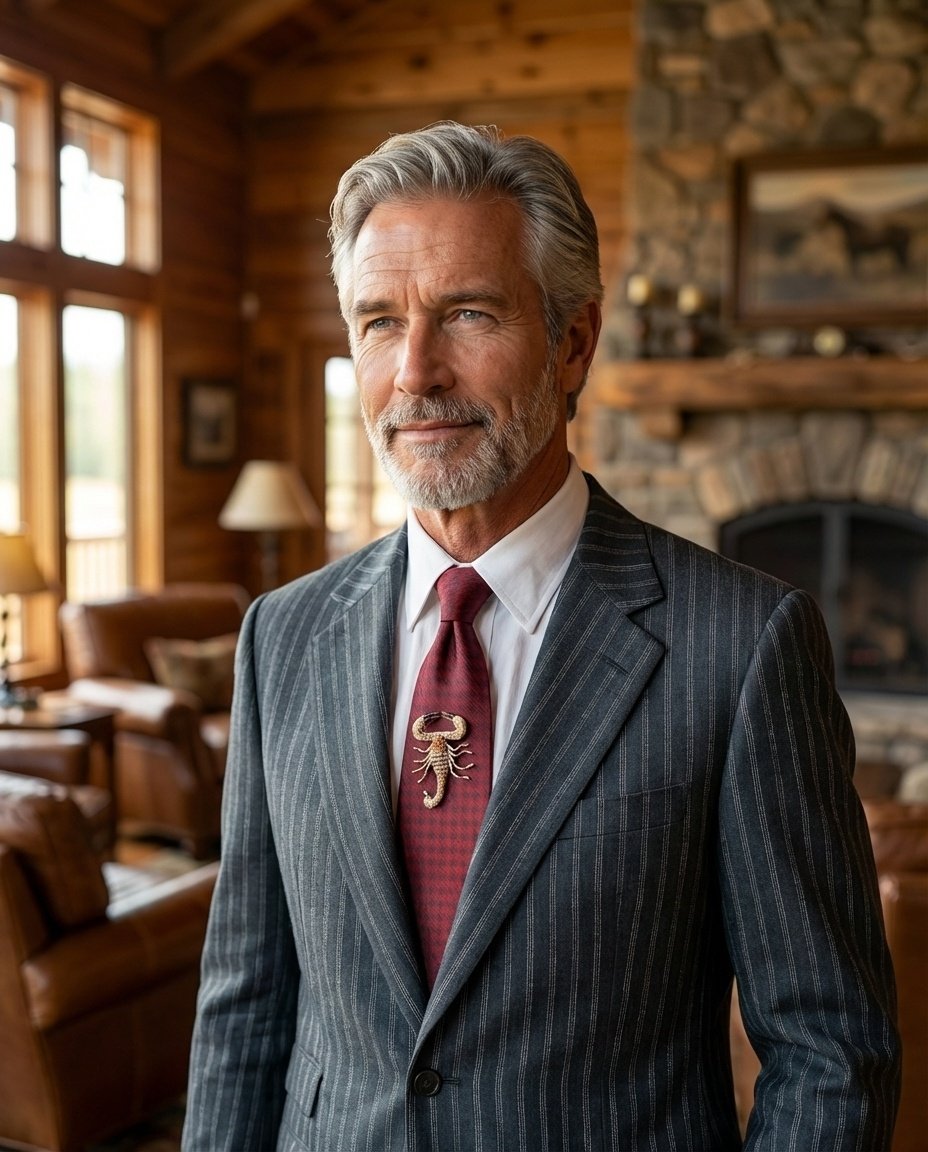 Man in a suit jacket with the Trovelore Desert Scorpion pin on his tie