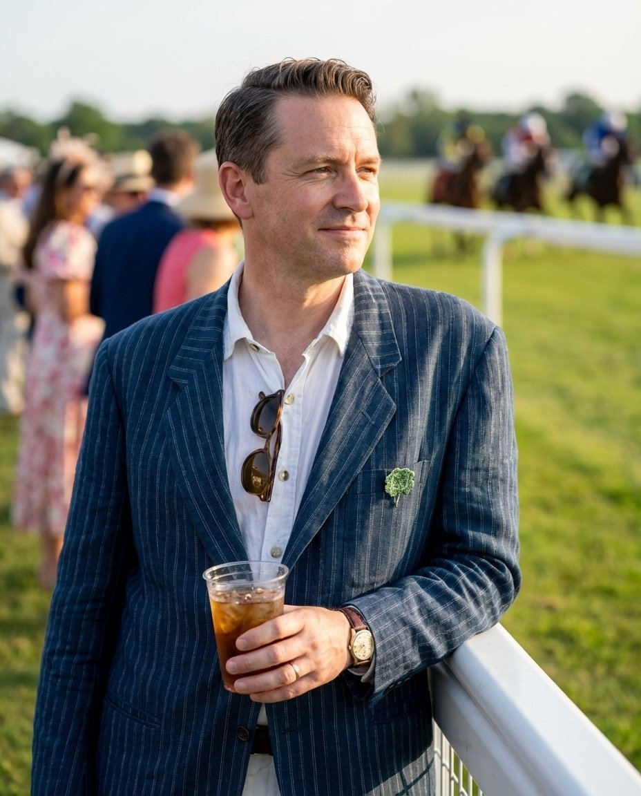 Man at the races wearing a jacket with the Four Leaf Clover brooch pin on the pocket