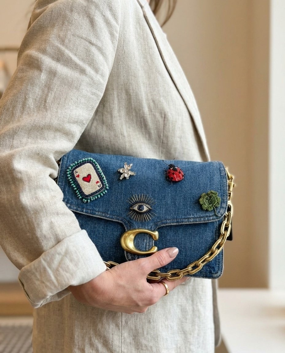 Denim purse styled with a grouping of brooch pins