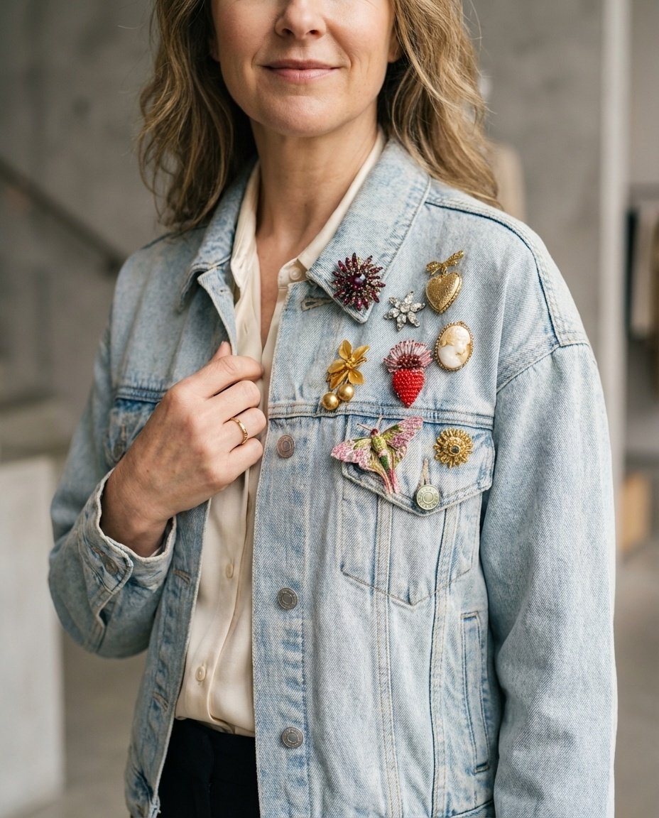 Woman wearing a denim jacket styled with a grouping of brooch pins