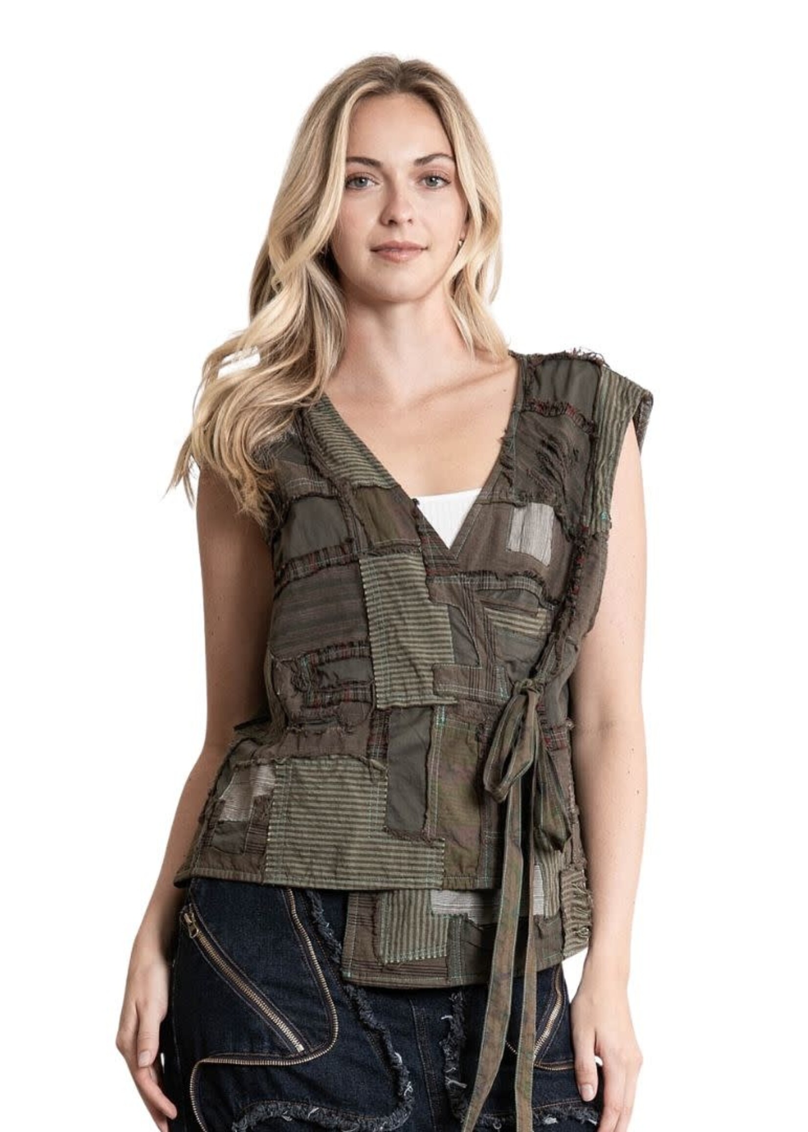 Blue Velvet Patchwork Unbalanced Vest Olive Combo