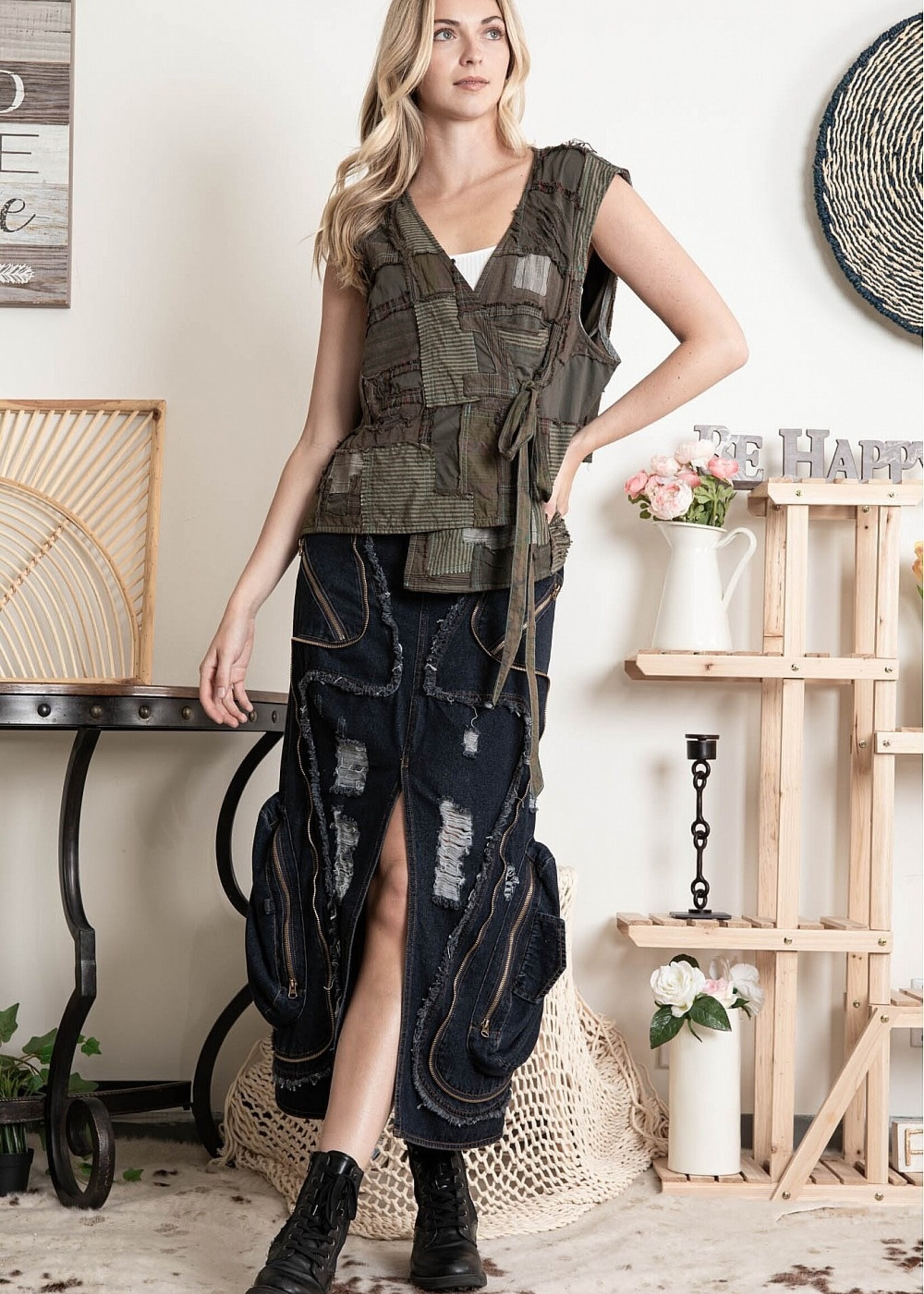 Blue Velvet Patchwork Unbalanced Vest Olive Combo