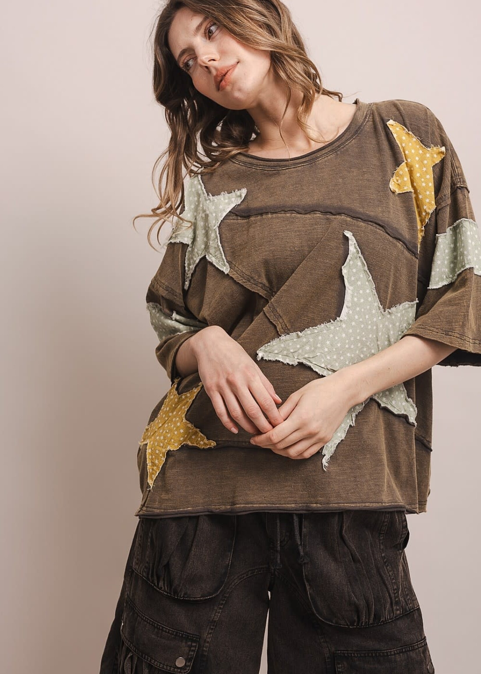 Blue Velvet Star Patchwork Tee Shirt Charcoal