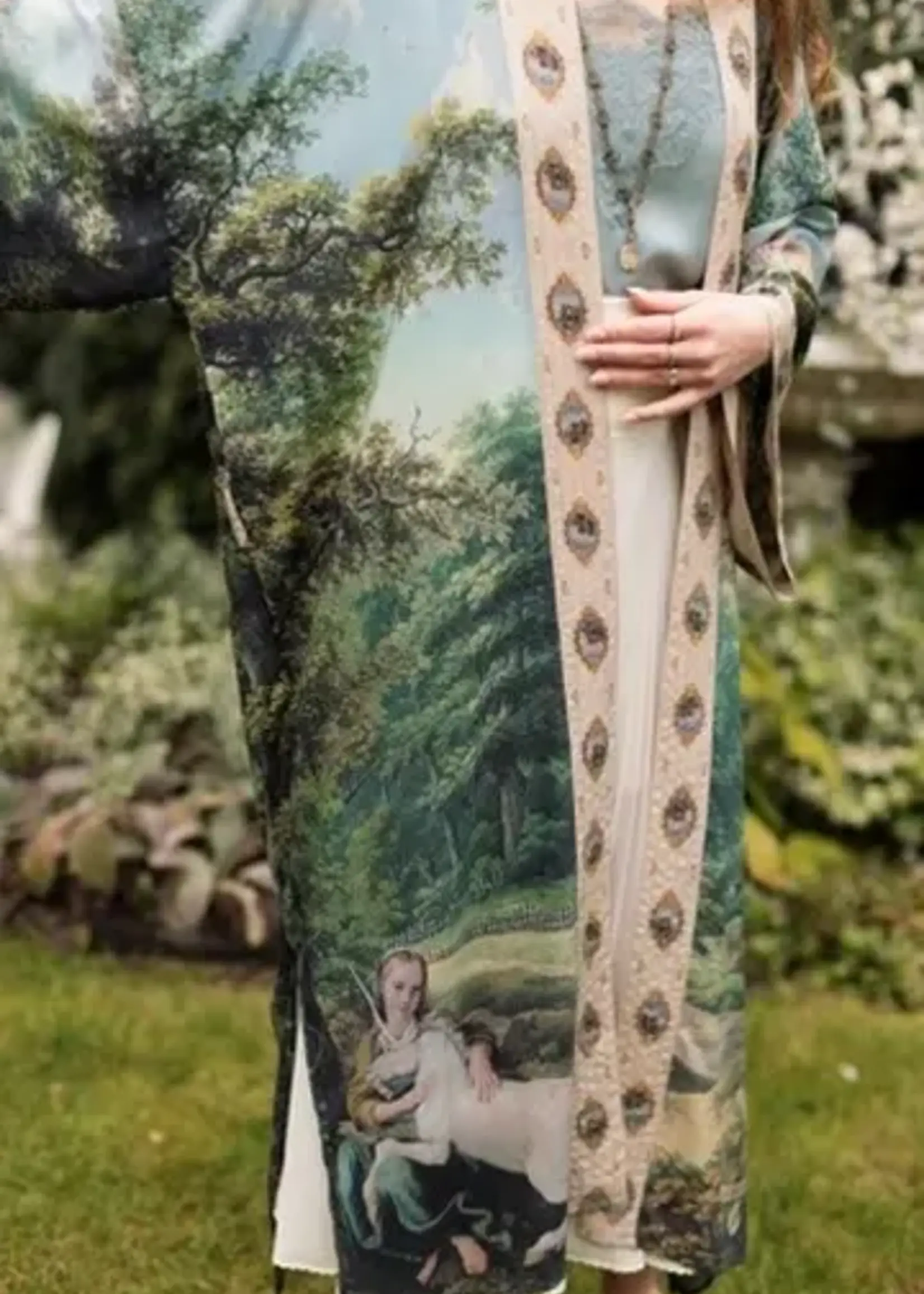 Market of Stars The Mythmaker Opera Duster Kimono w/ Pastoral Landscape & Unicorn