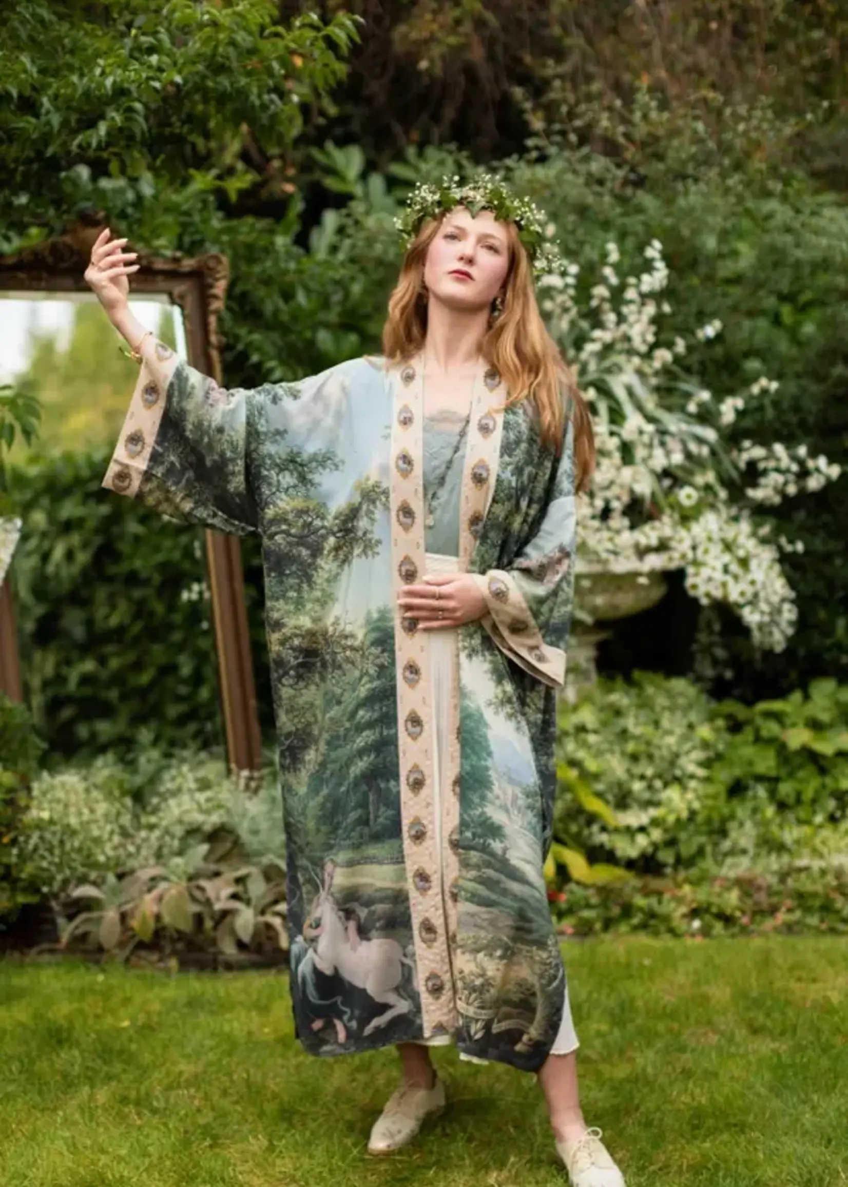 Market of Stars The Mythmaker Opera Duster Kimono w/ Pastoral Landscape & Unicorn