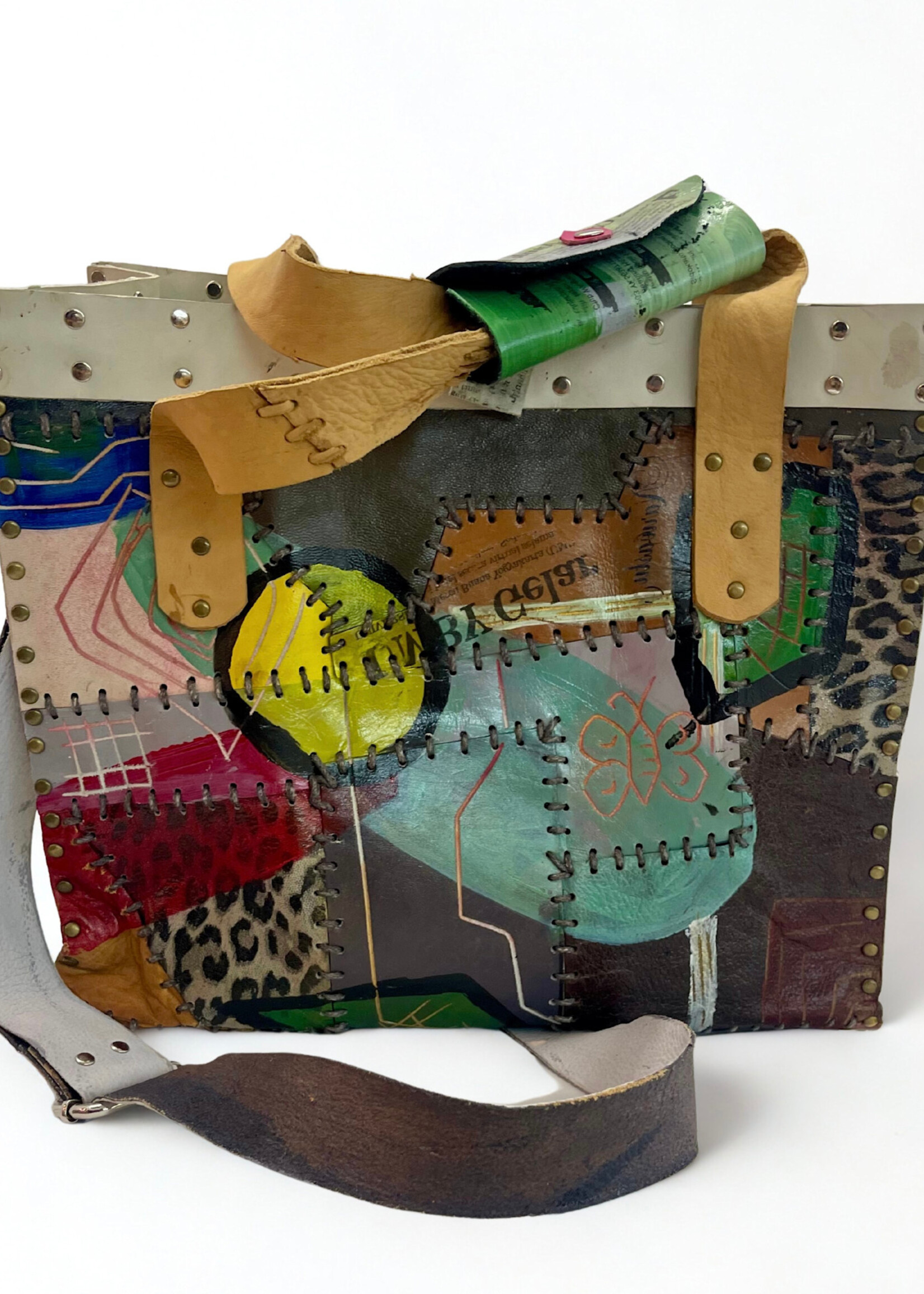 Recycled Leather Patchwork Tote Bag – Hand-Painted Statement Handbag