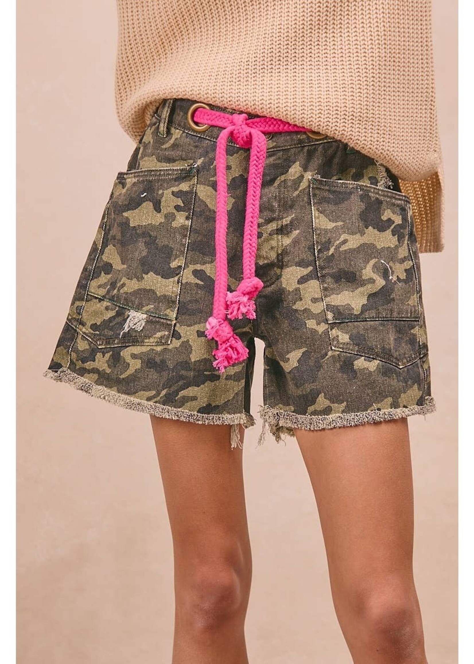 Bibi Braided Waist Belt Camouflage Shorts PREORDER