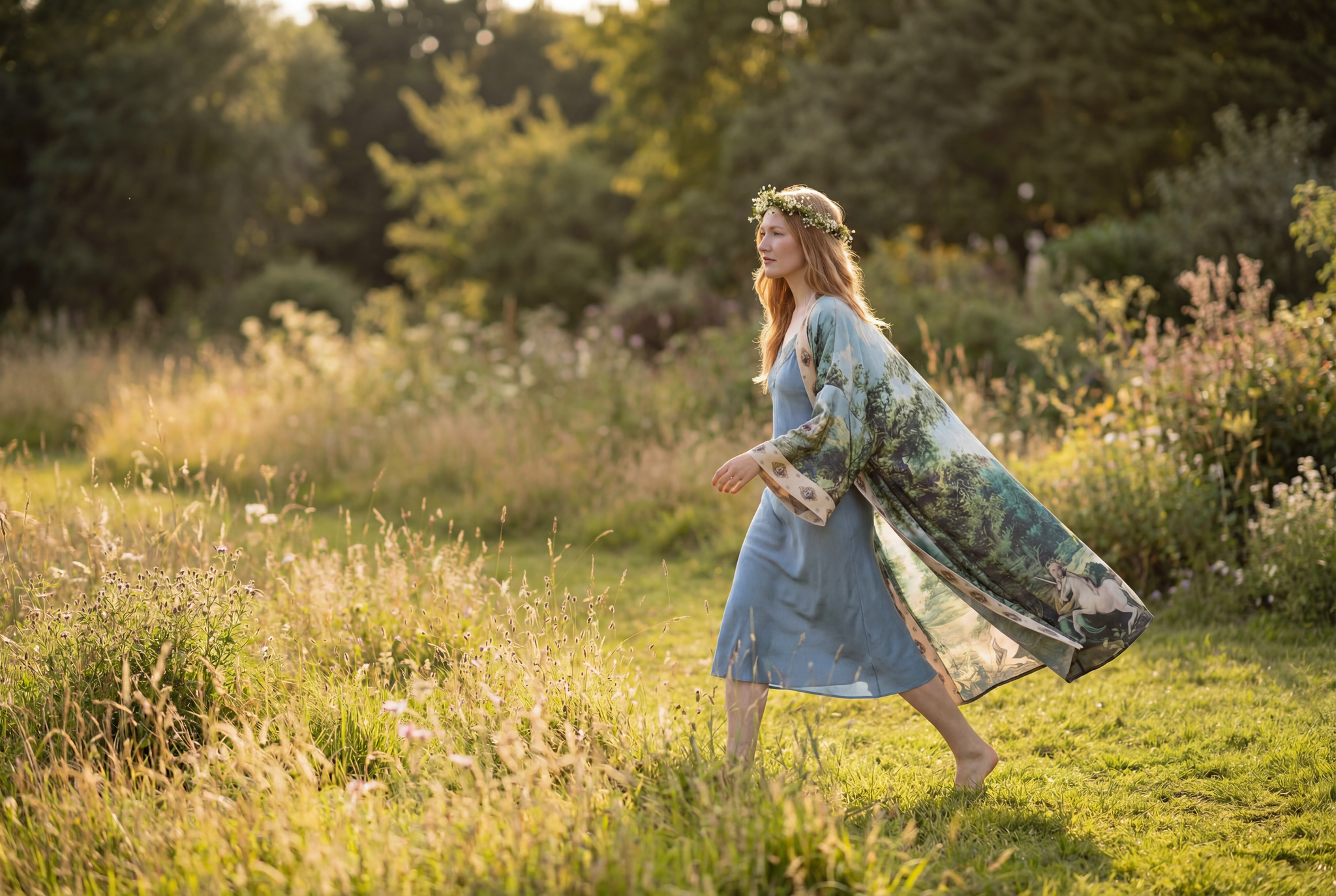 woman walking in field wearing a market of Stars mythmaker kimono