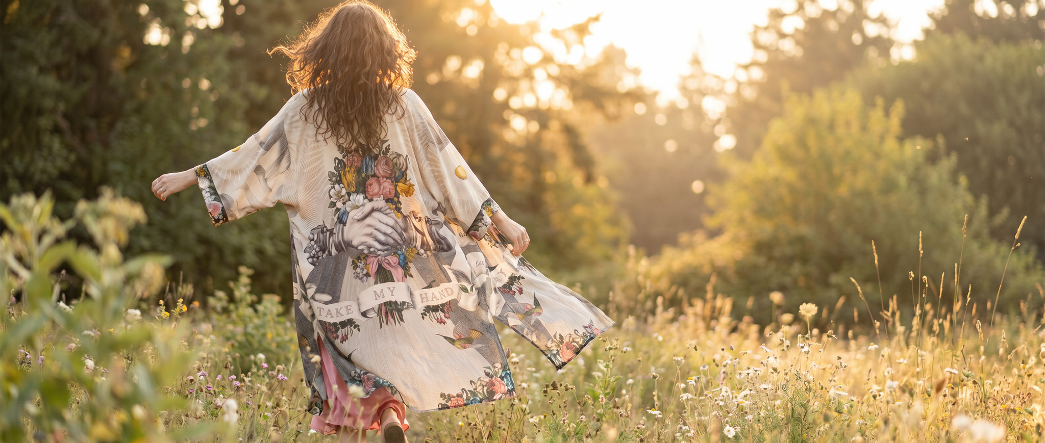 woman wearing the take my hand kimono market of stars
