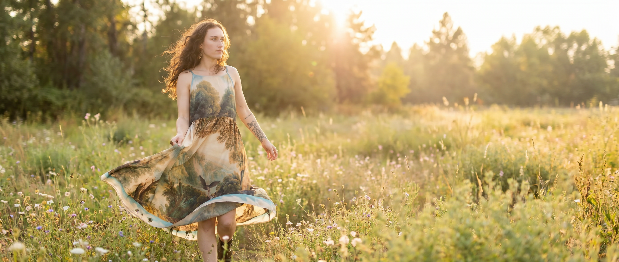woman in field wearing the awakening boheme slip dress market of stars