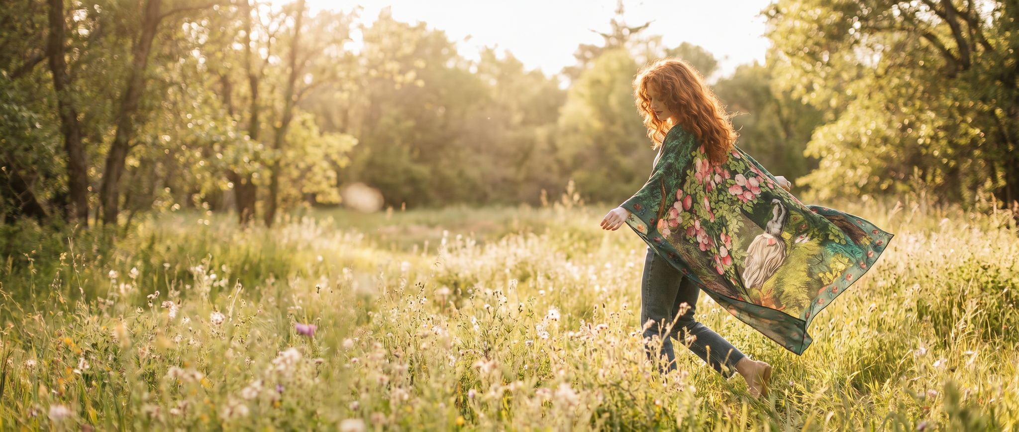 woman in field wearing daydreamer goddess duster kimono market of stars