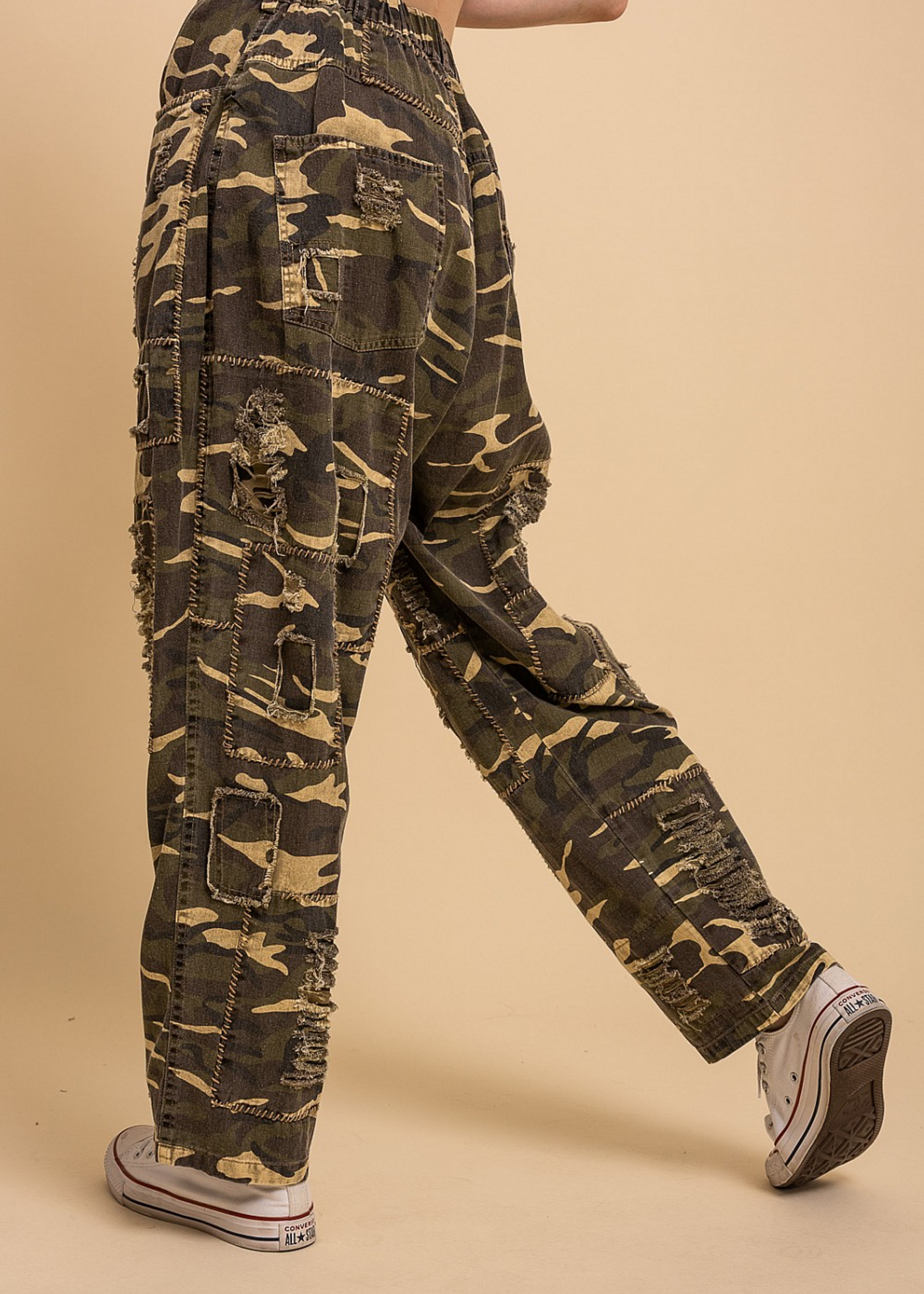 Blue Velvet Distressed Camo Jean Patchwork Pants