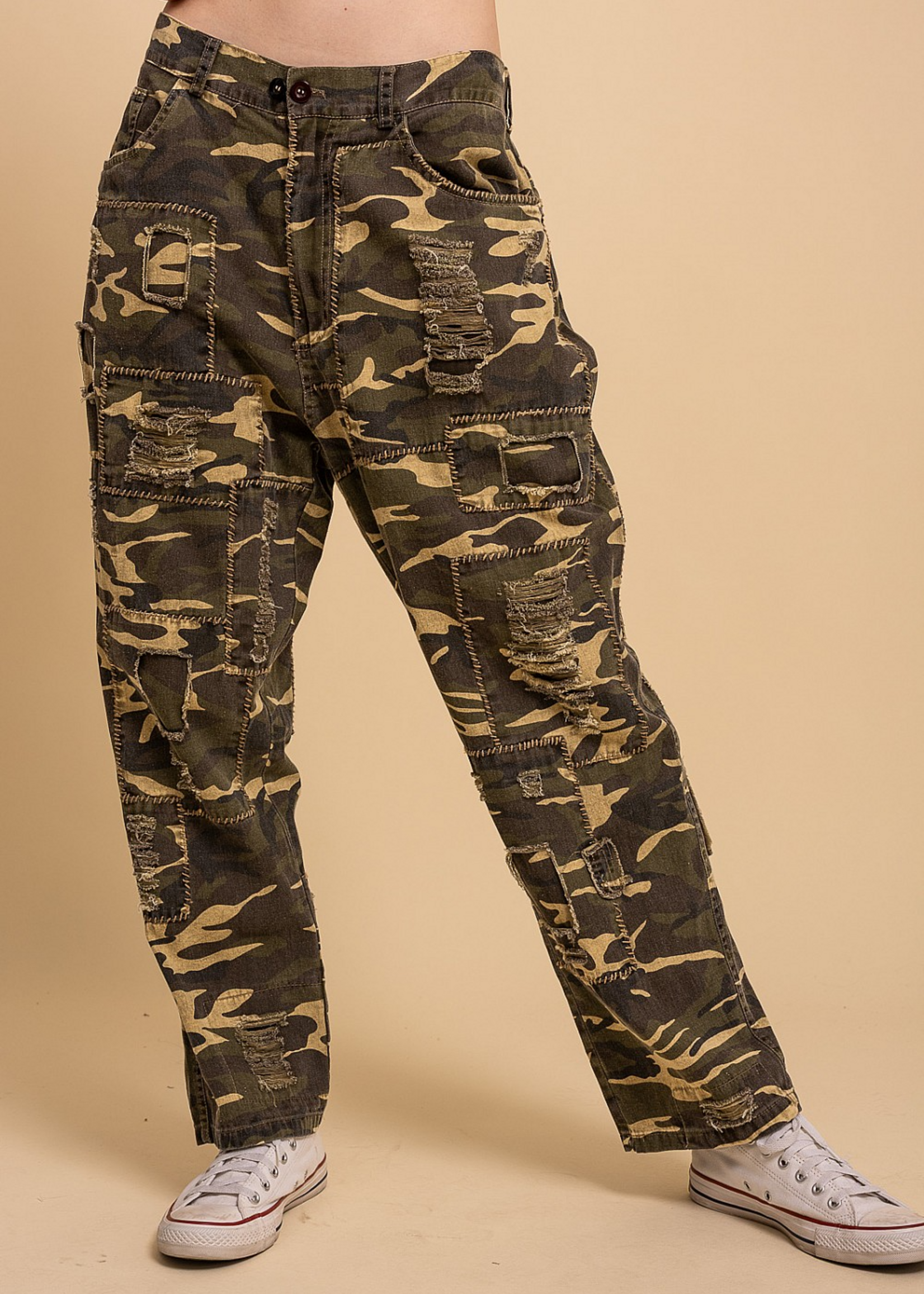 Blue Velvet Distressed Camo Jean Patchwork Pants