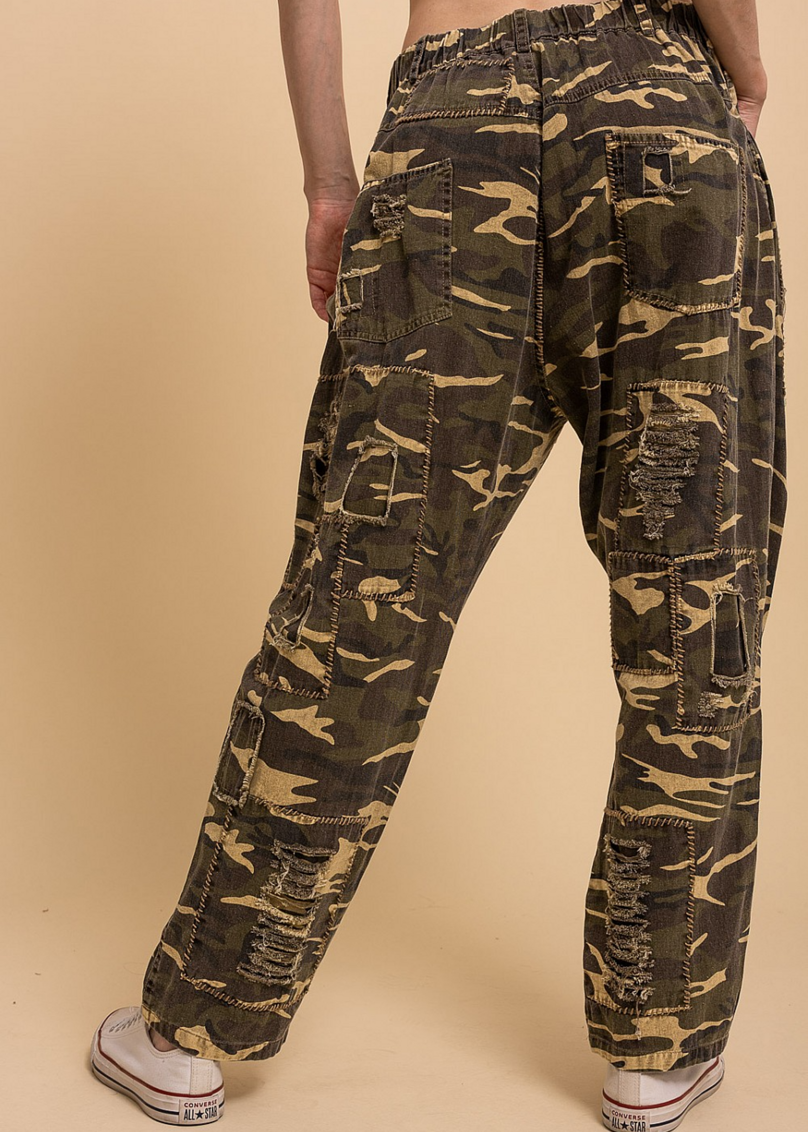 Blue Velvet Distressed Camo Jean Patchwork Pants