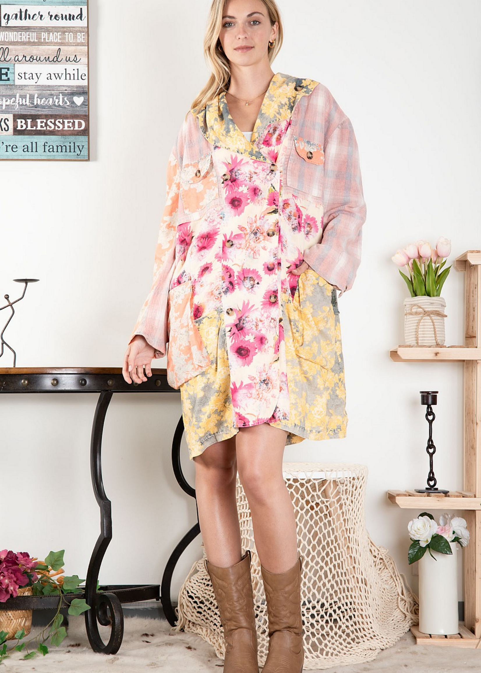Blue Velvet Double Breasted Floral Print Jacket Tunic