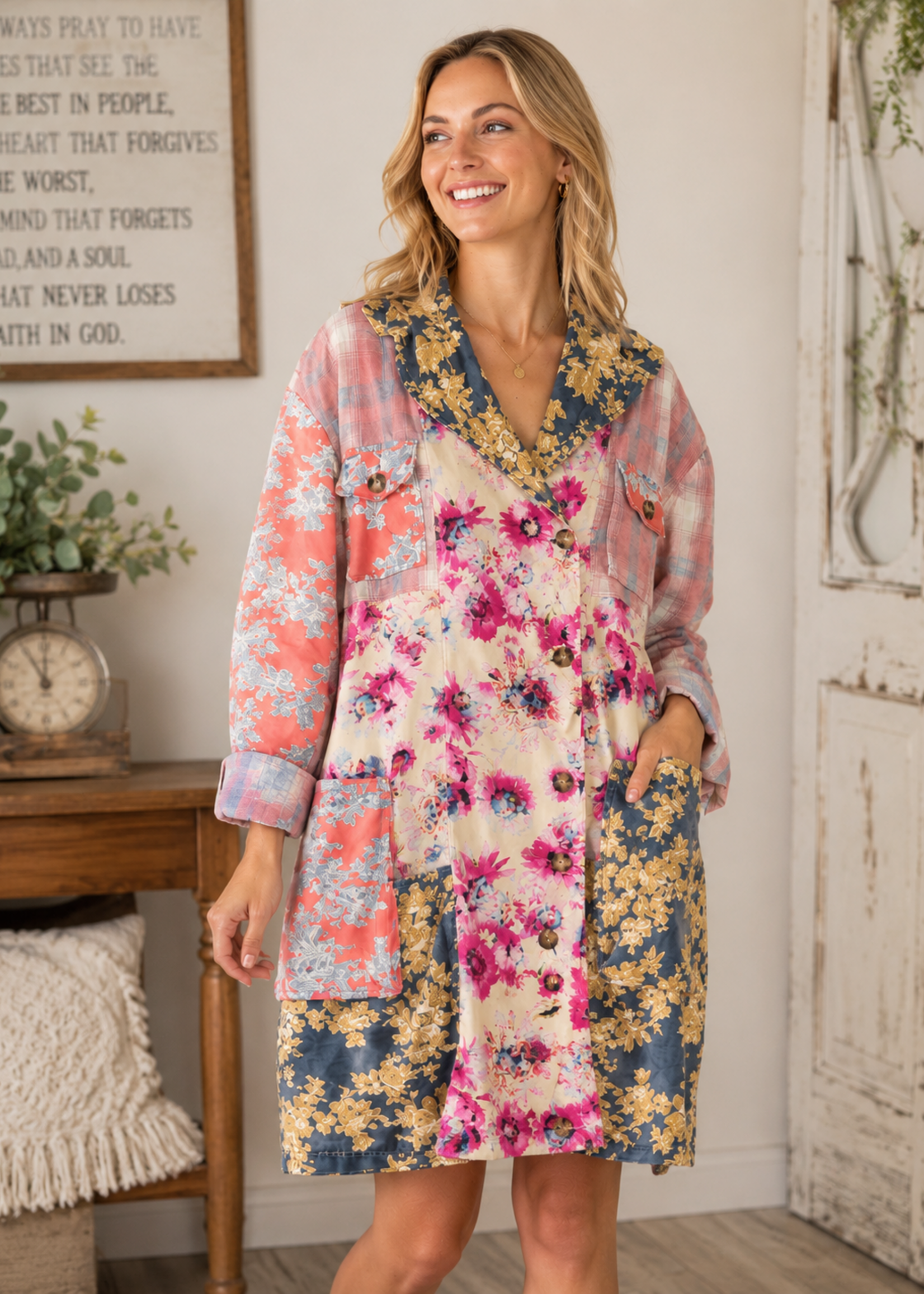 Blue Velvet Double Breasted Floral Print Jacket Tunic