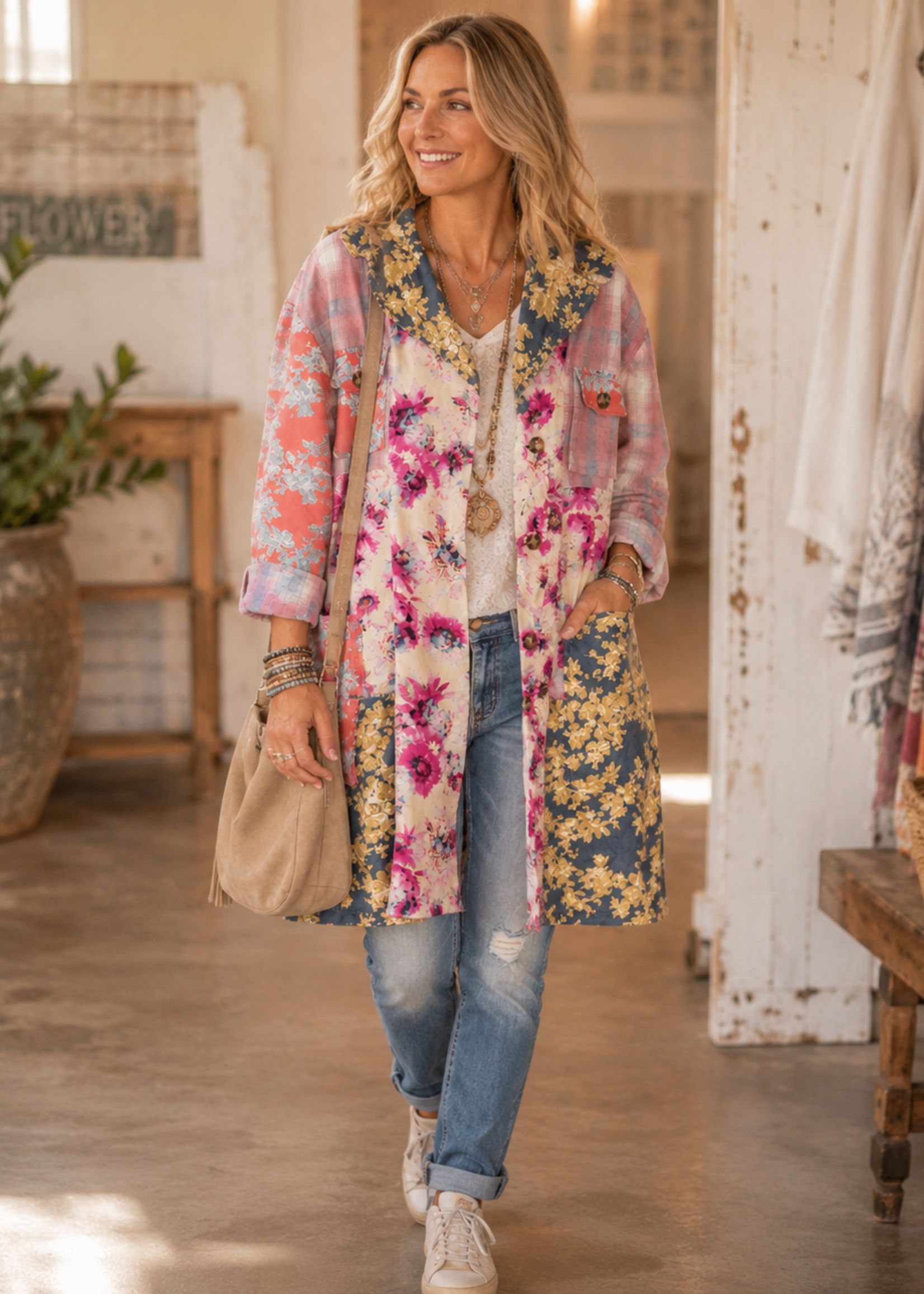 Blue Velvet Double Breasted Floral Print Jacket Tunic