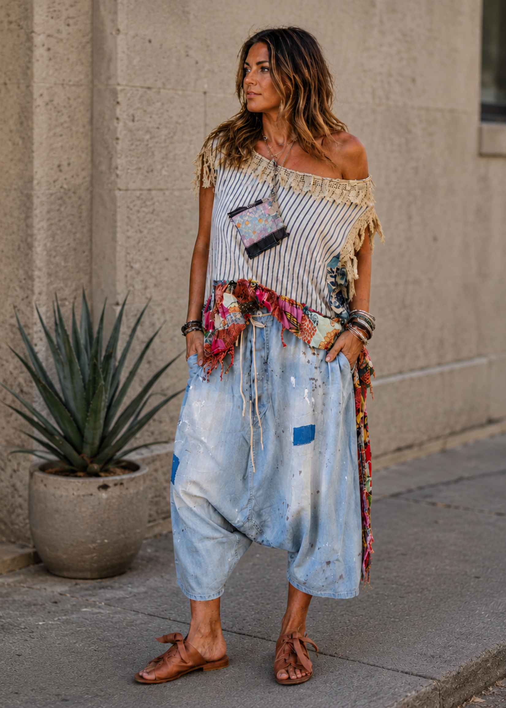 earthsong harem pants on model styled boho with other jaded Gypsy pieces