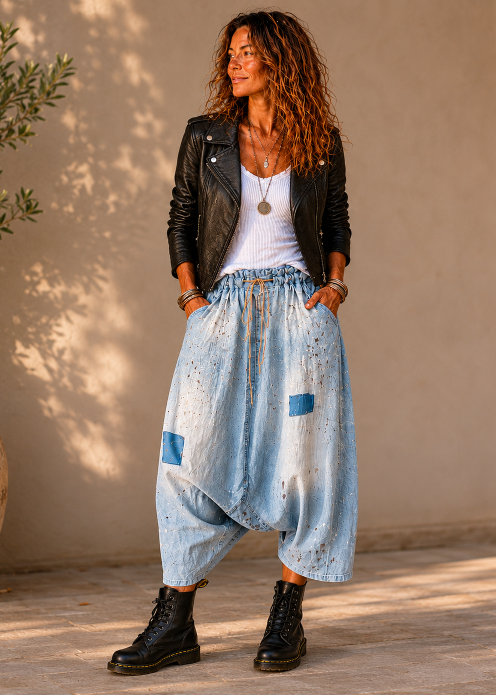 house of Jaded Gypsy earthsong harem pant styled edgy with moto jacket and combat boots
