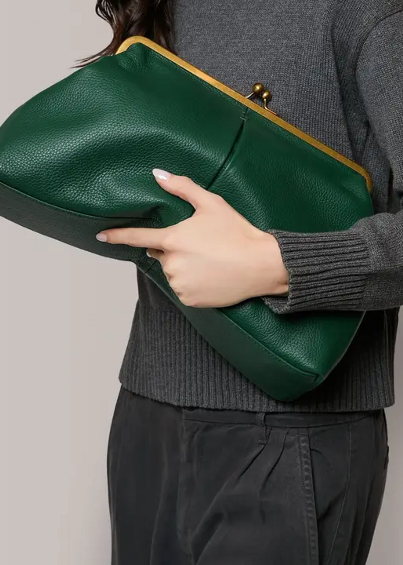 American Leather Co. Oversized Kisslock Clutch Bag Leather