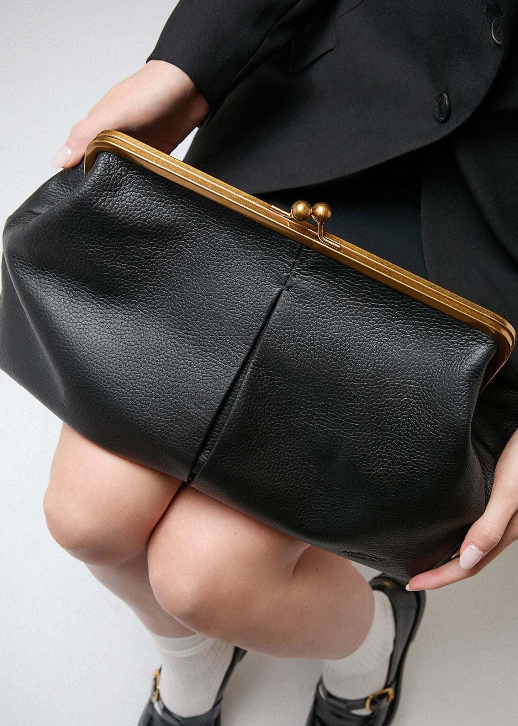 American Leather Co. Oversized Kisslock Clutch Bag Leather