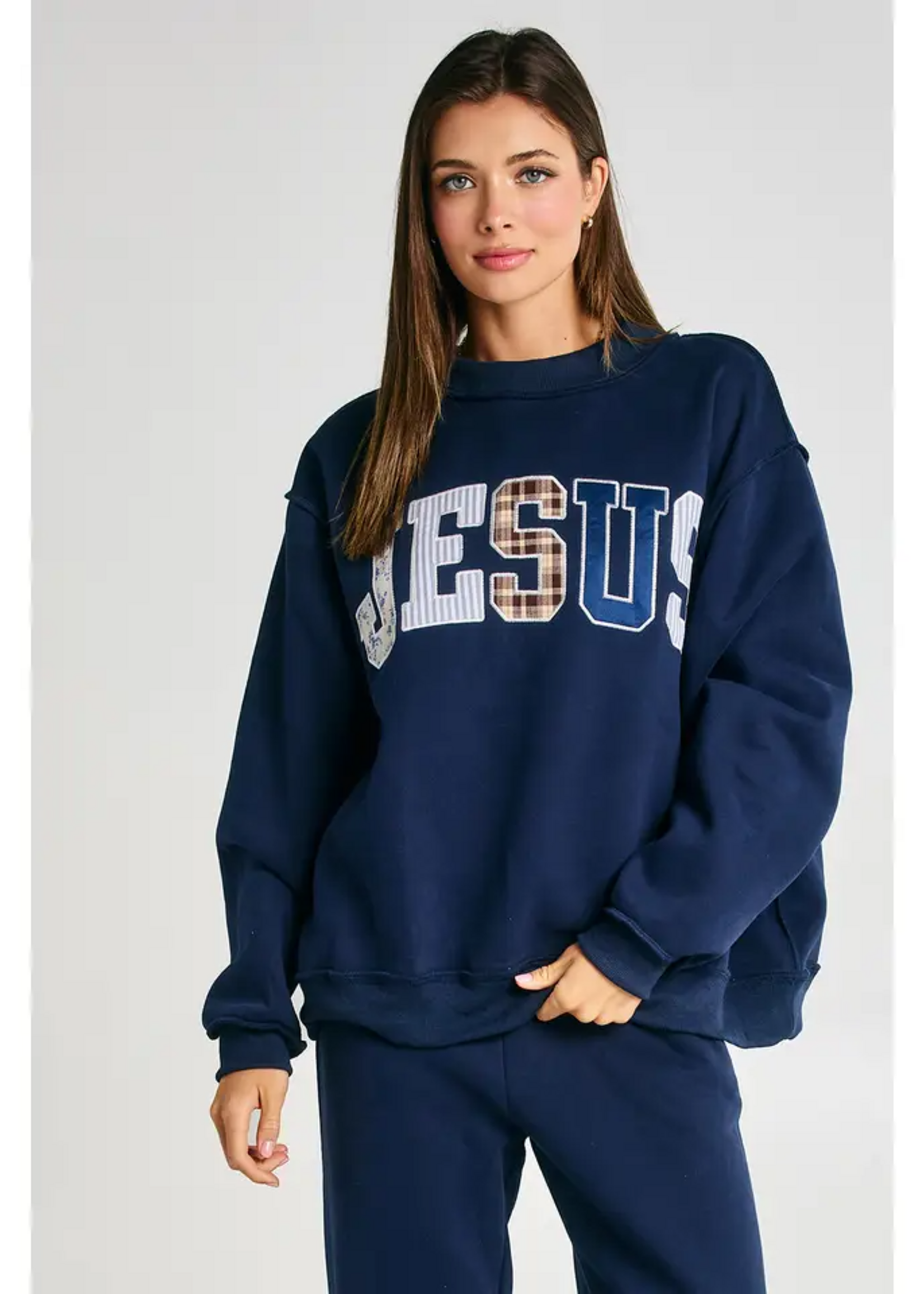 BUCKETLIST Jesus Mock Neck Embroidered Sweatshirt Navy Blue