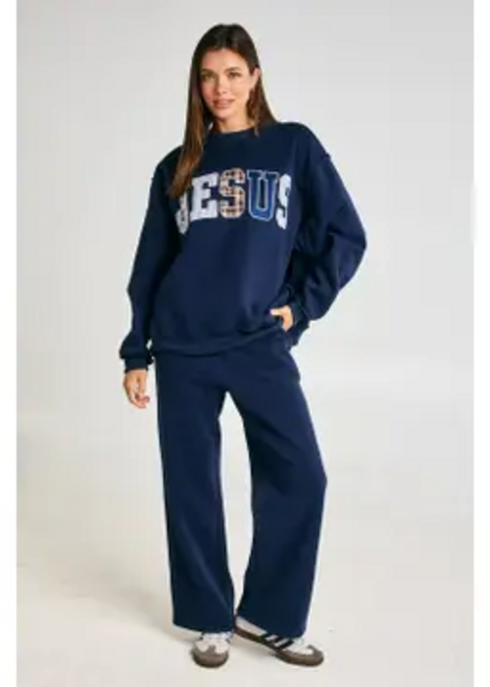 BUCKETLIST Jesus Mock Neck Embroidered Sweatshirt Navy Blue