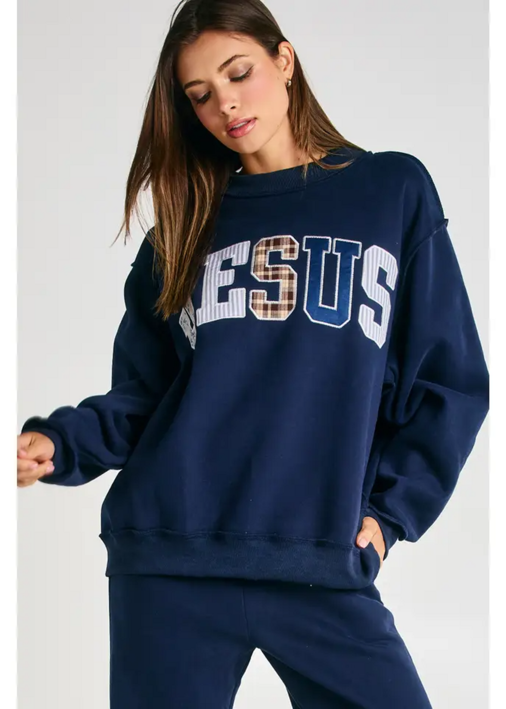 BUCKETLIST Jesus Mock Neck Embroidered Sweatshirt Navy Blue