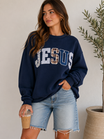 BUCKETLIST Jesus Mock Neck Embroidered Sweatshirt Navy Blue