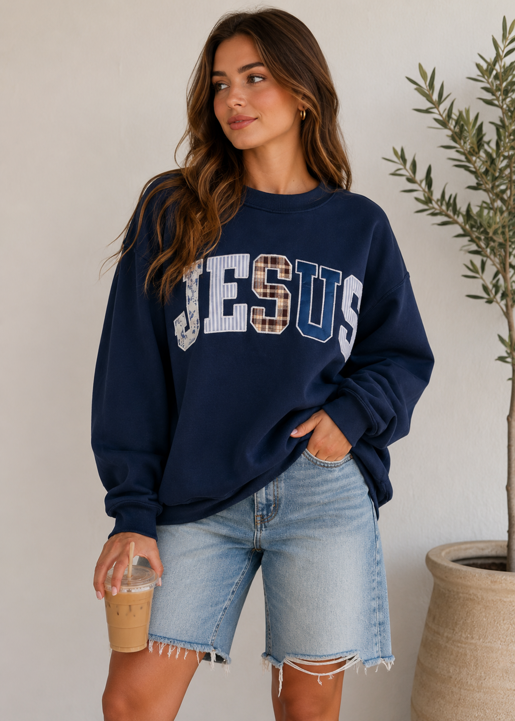 BUCKETLIST Jesus Mock Neck Embroidered Sweatshirt Navy Blue