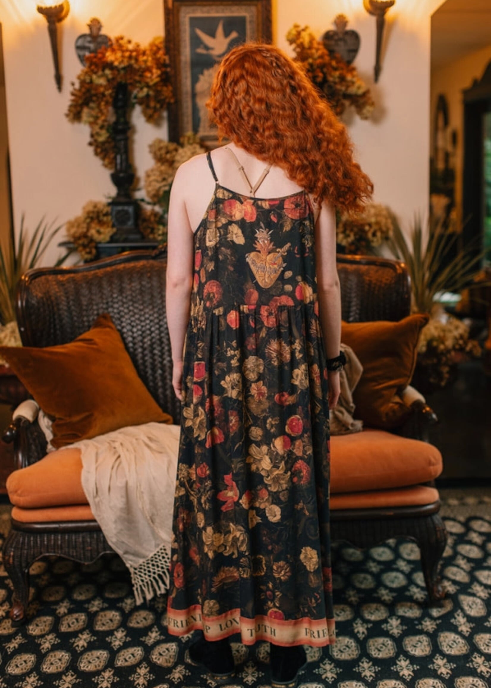 Market of Stars Heart Of Gold Boheme Long Maxi Slip Dress w/ Sacred Heart