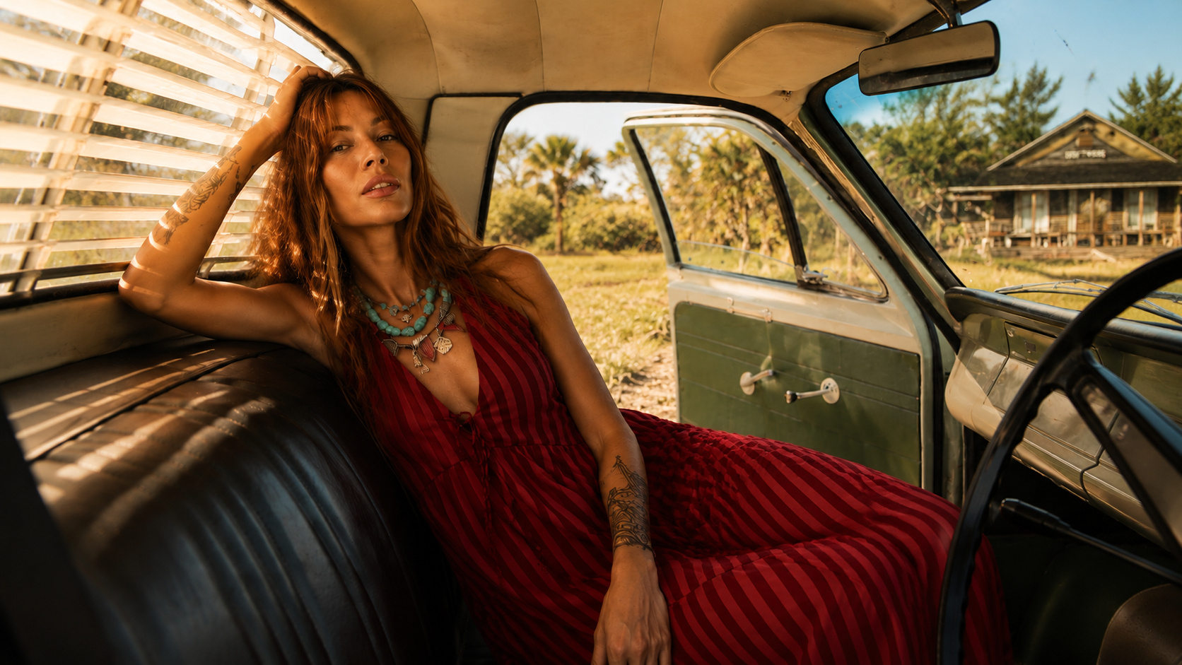 Happy Little Mother clothing brand model wearing red striped maxi dress