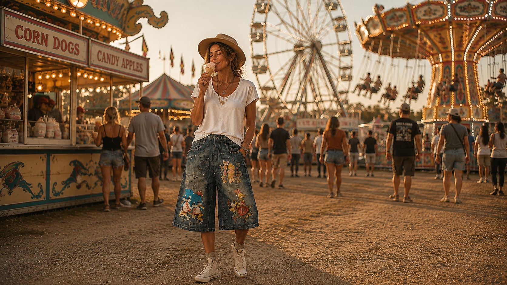 House of Jaded Gypsy boho clothing brand model at carnival wearing embroidered denim shorts