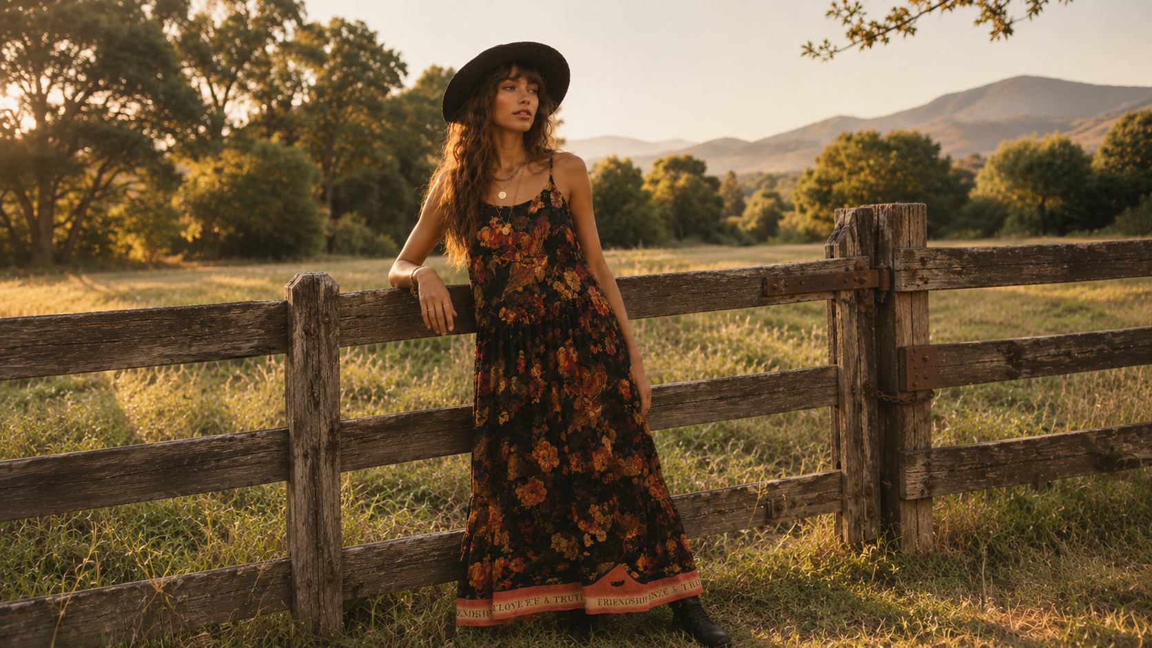 Market of Stars boho clothing brand model wearing floral maxi dress at sunset