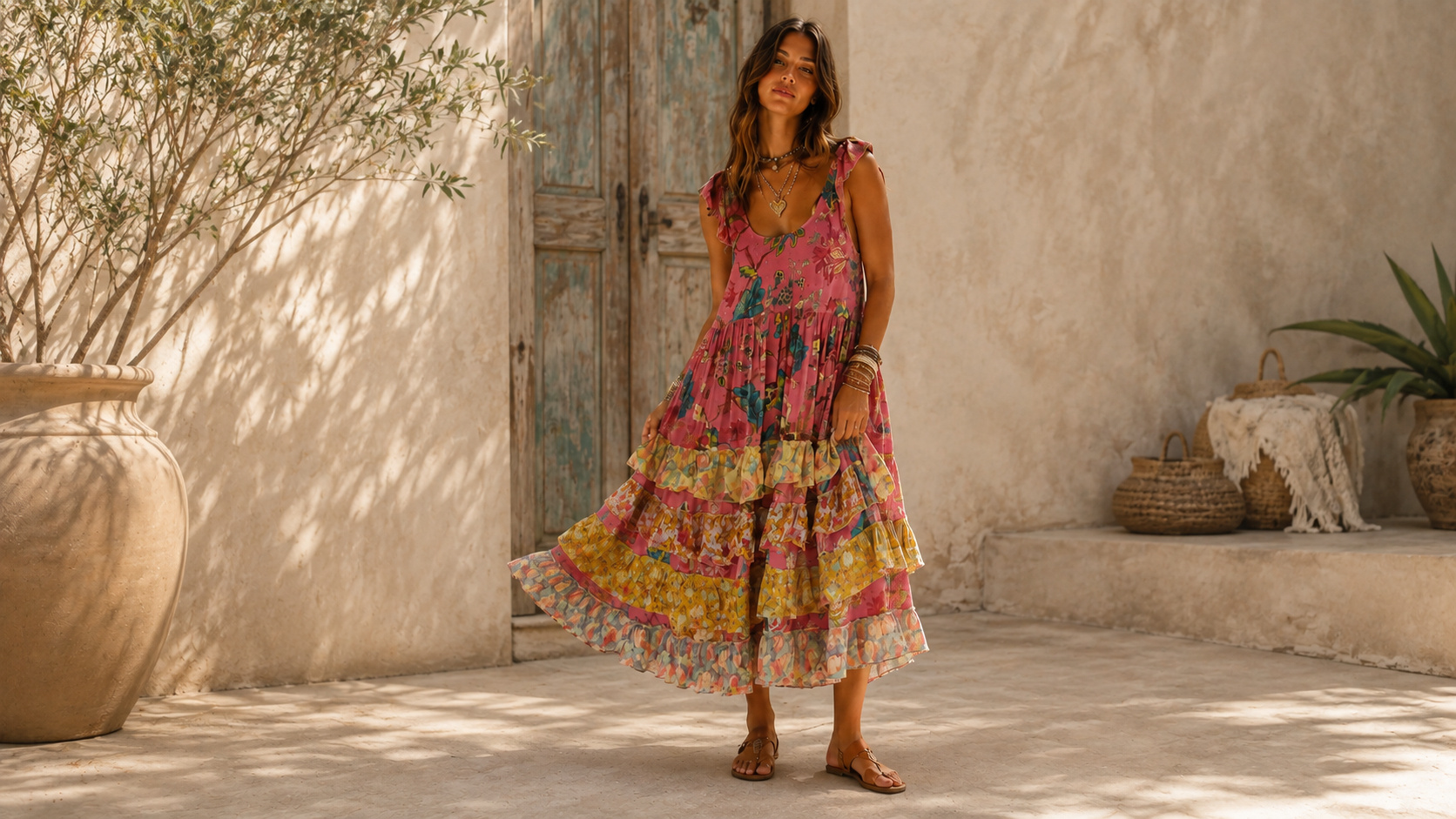 Jaded Gypsy clothing brand model wearing ruffled floral tiered maxi dress