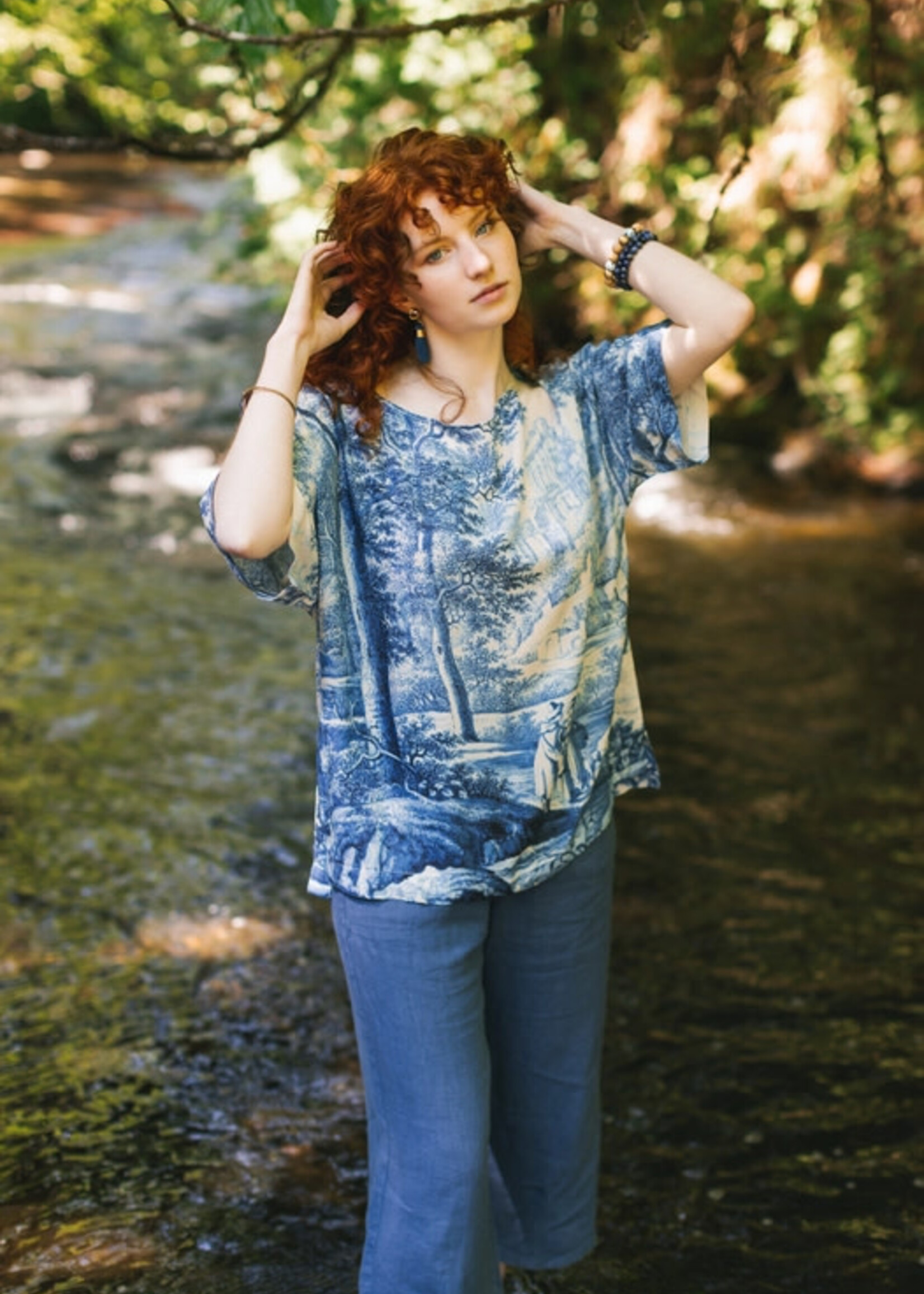 Market of Stars Let the Light in Luxe Tee Tunic Shirt w/ Blue Delft Toile