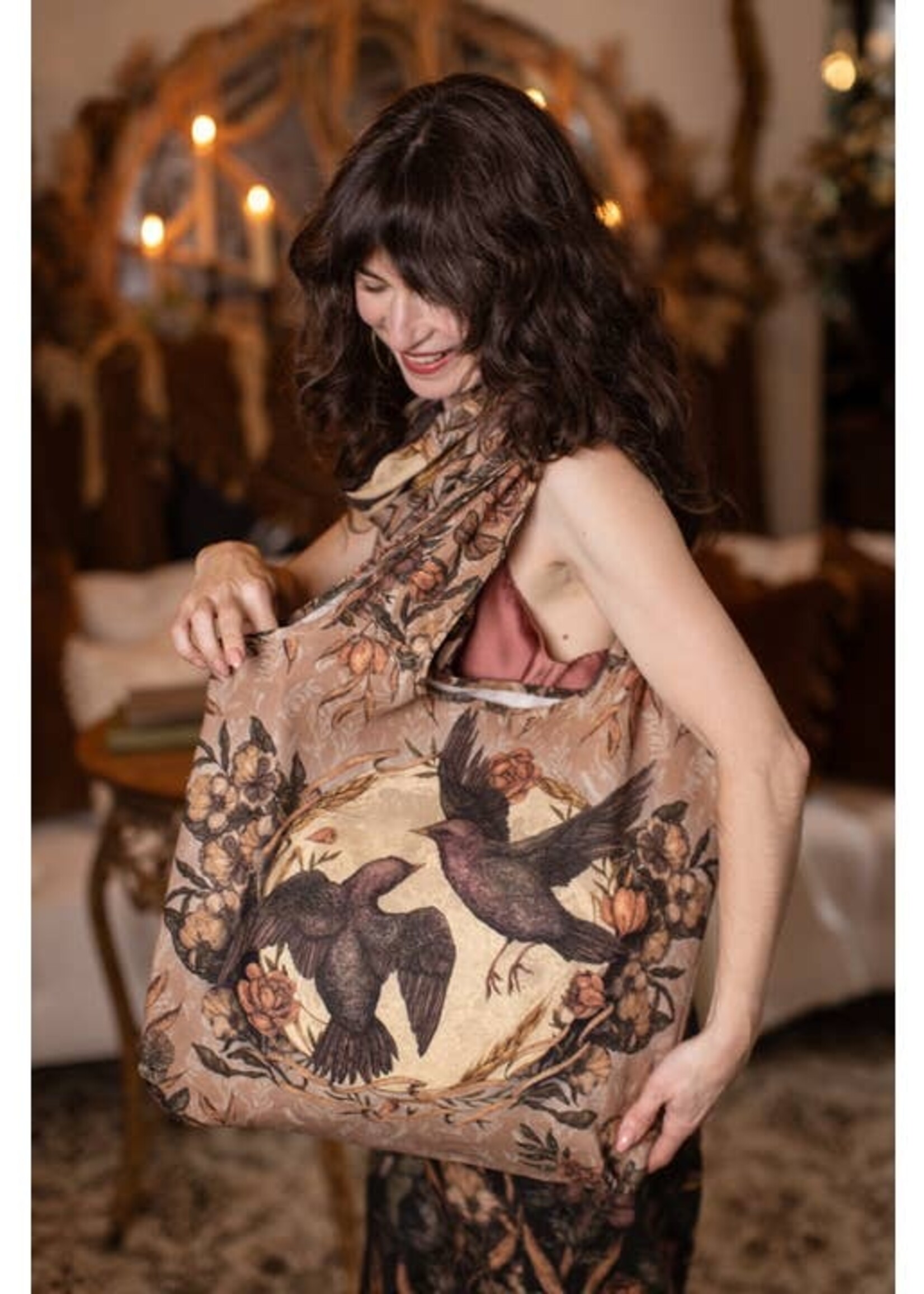 Market of Stars Momento Linen Tote Bag w/ Starling, Skull & Floral Print