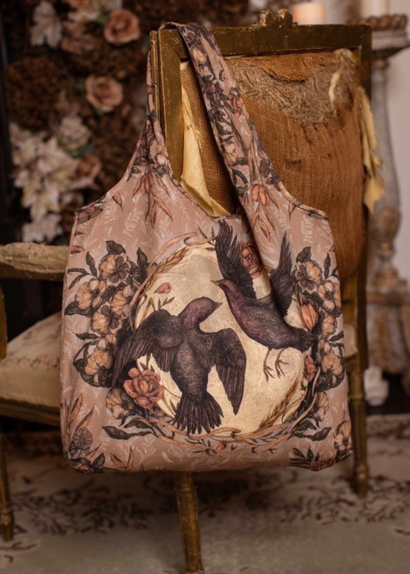 Market of Stars Momento Linen Tote Bag w/ Starling, Skull & Floral Print