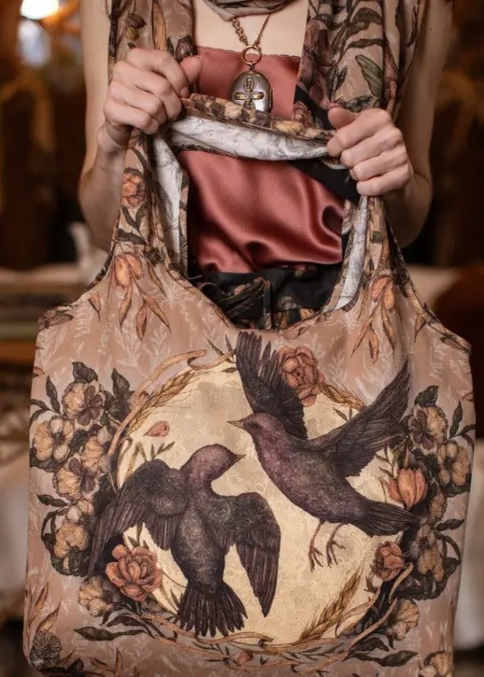 Market of Stars Momento Linen Tote Bag w/ Starling, Skull & Floral Print