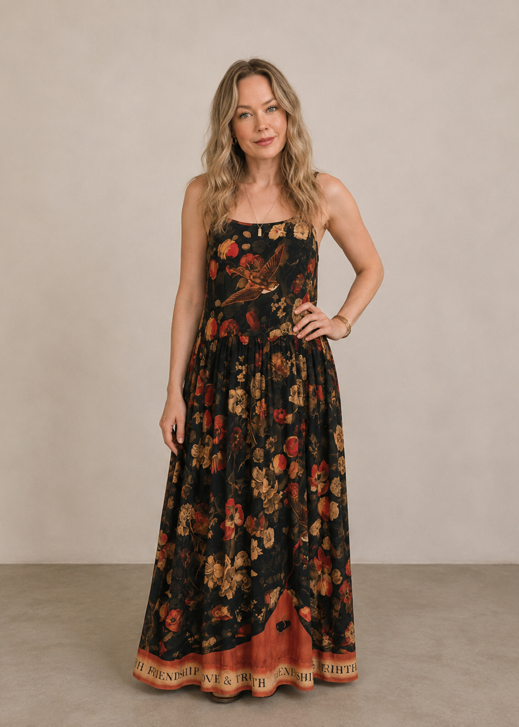 Market of Stars Heart Of Gold Boheme Long Maxi Slip Dress w/ Sacred Heart