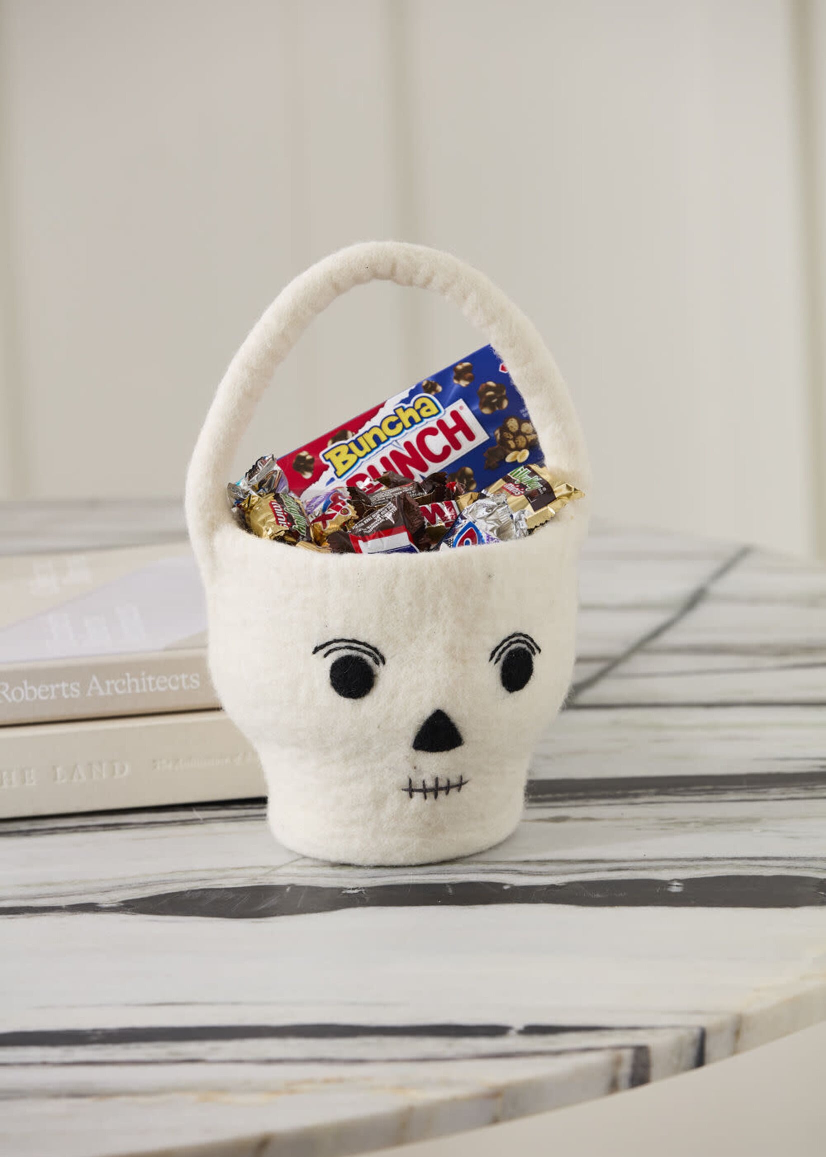 Felted White Skeleton Trick-or-Treat Basket