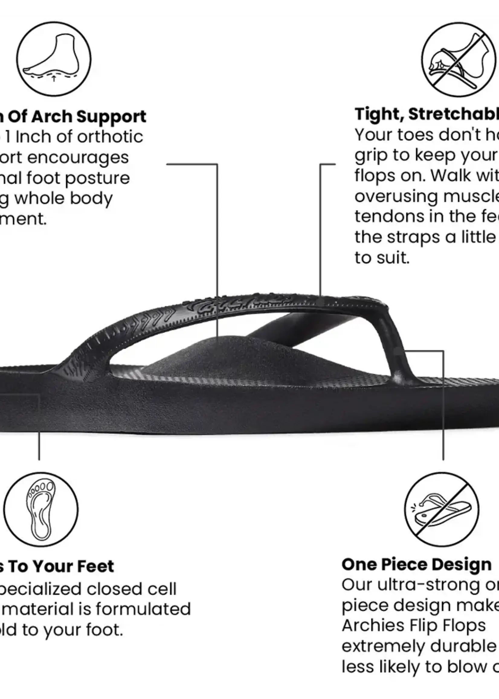 Archies Footwear Arch Support Flip Flops Classic Black Unisex