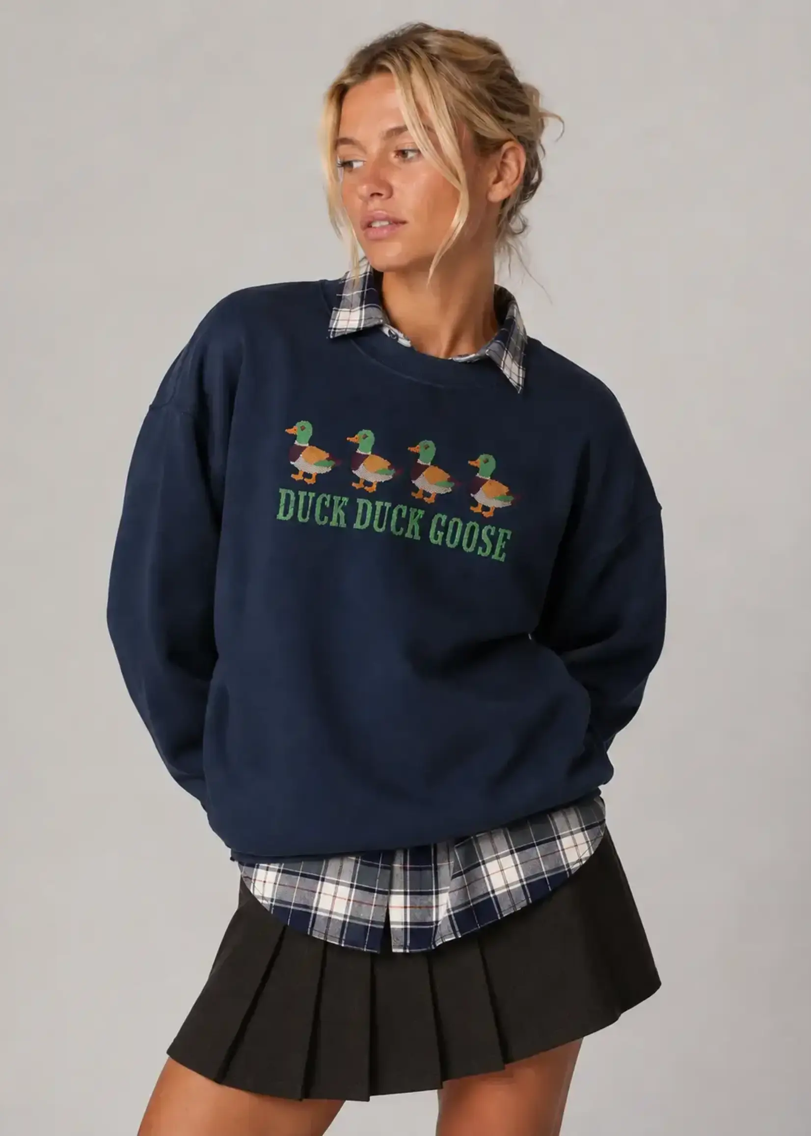 Sweet Claire Duck Duck Goose Embroidered Cross-Stitch Sweatshirt