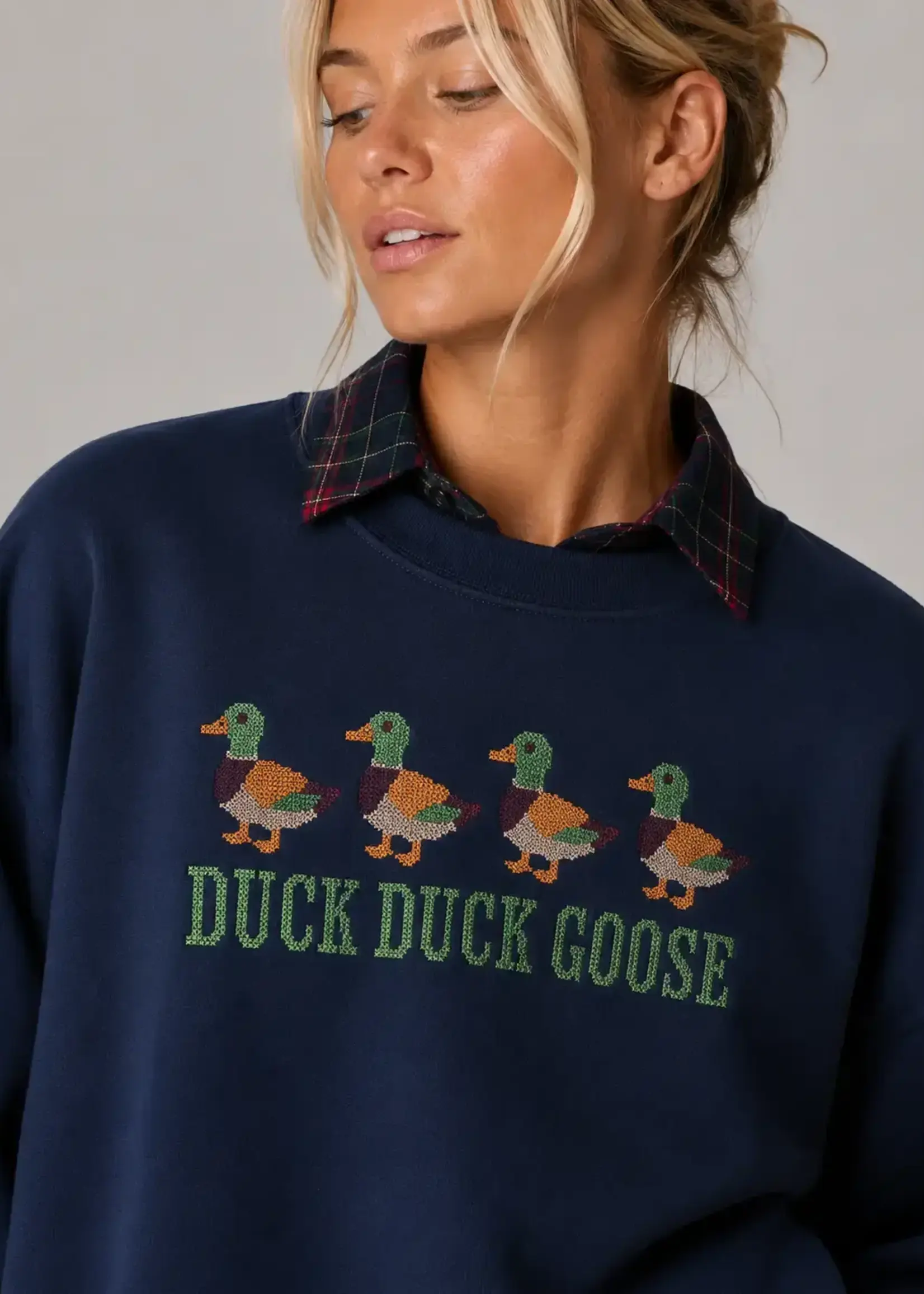 Sweet Claire Duck Duck Goose Embroidered Cross-Stitch Sweatshirt
